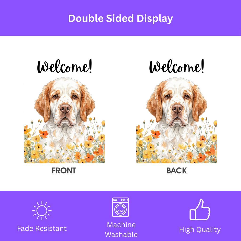 Yellow Poppies Clumber Spaniel Welcome Garden Flag - size comparison - Dragonfire Gardens