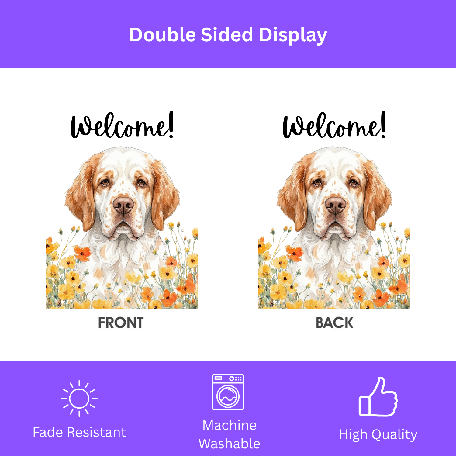 Yellow Poppies Clumber Spaniel Welcome Garden Flag - size comparison - Dragonfire Gardens