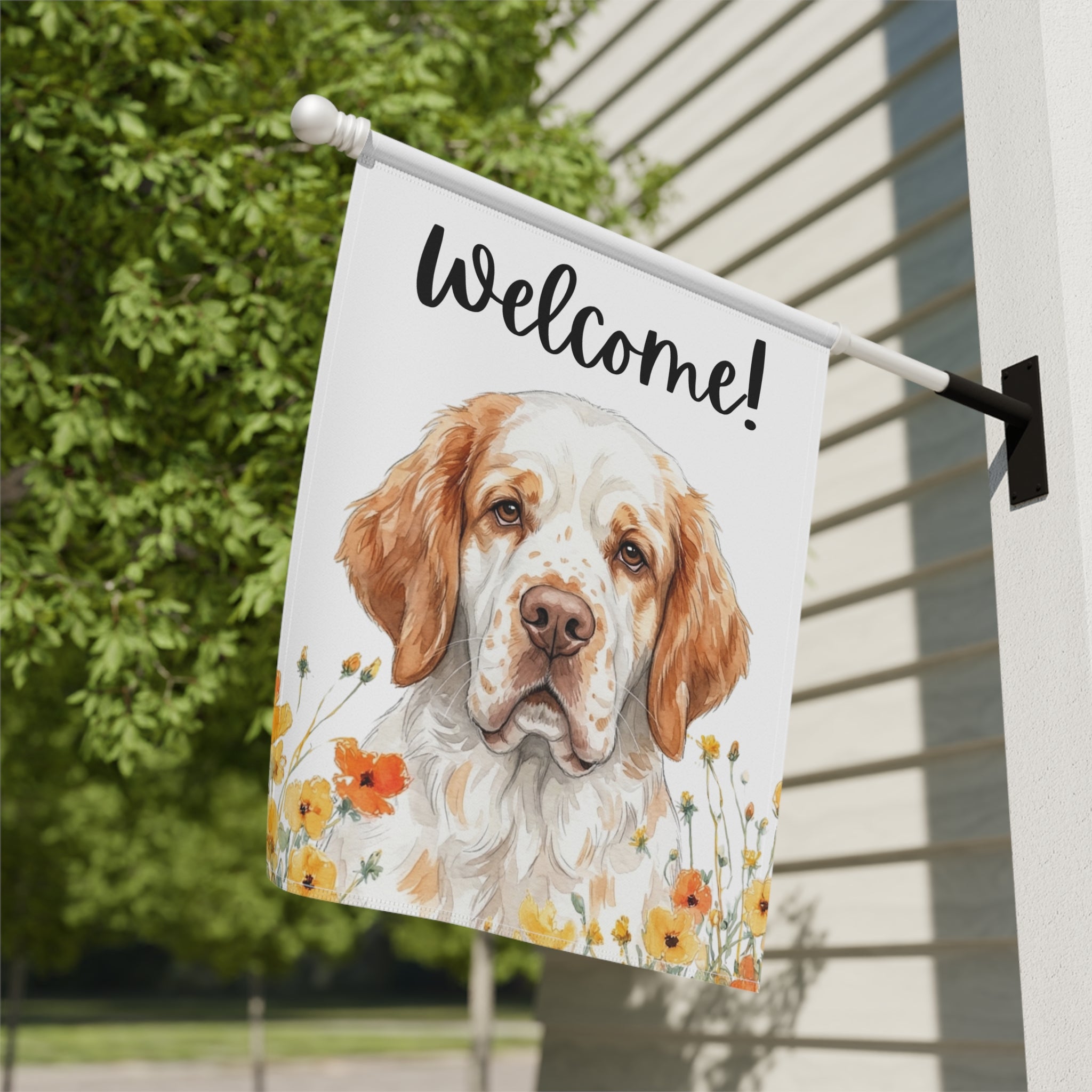 Yellow Poppies Clumber Spaniel Welcome Garden Flag - yard display - Dragonfire Gardens