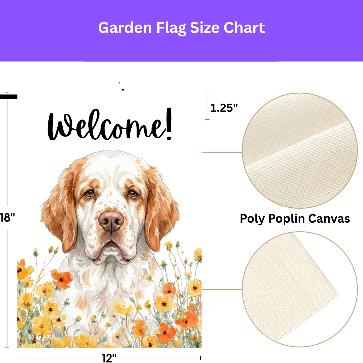 Yellow Poppies Clumber Spaniel Welcome Garden Flag - double-sided design - Dragonfire Gardens
