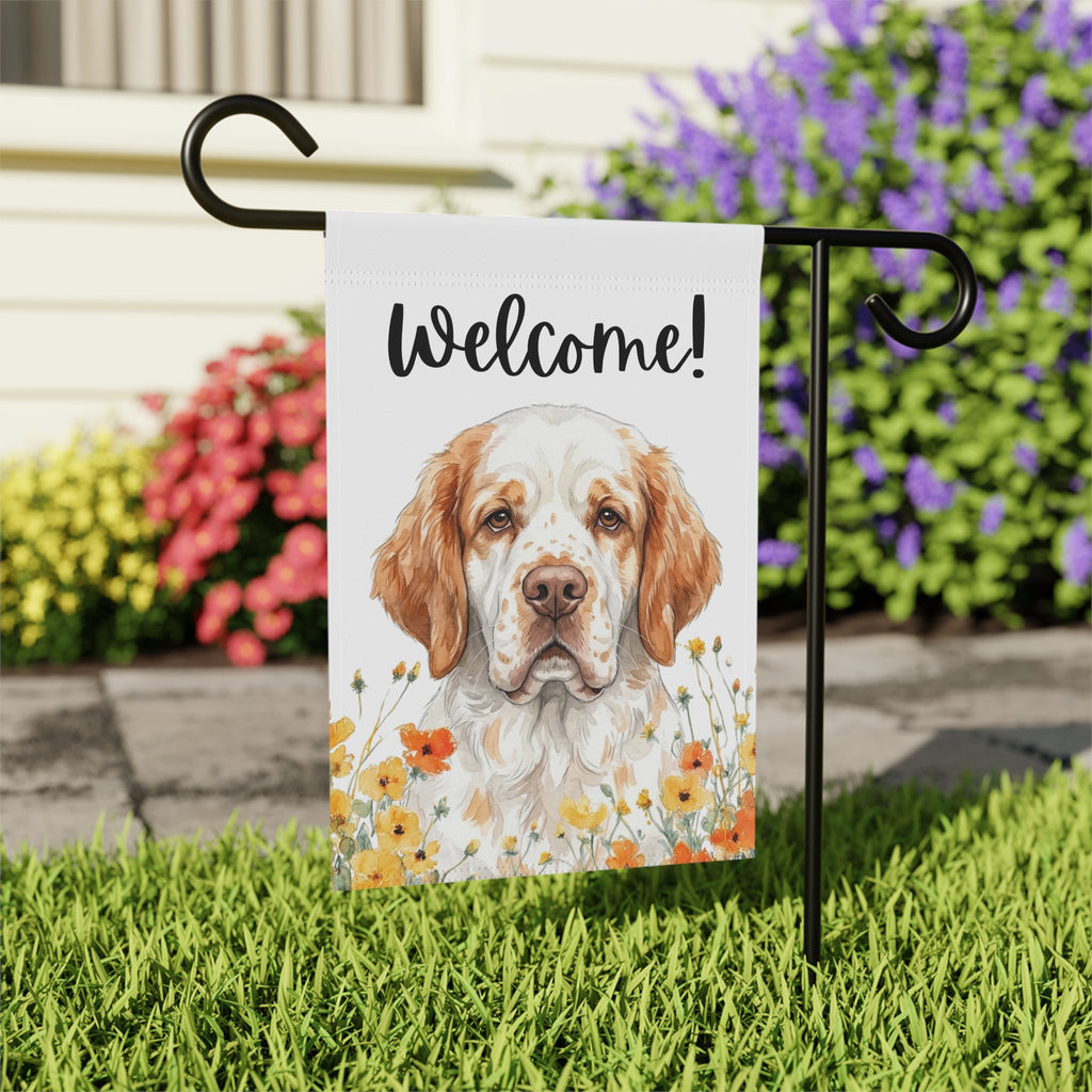 Yellow Poppies Clumber Spaniel Welcome Garden Flag - close-up detail - Dragonfire Gardens