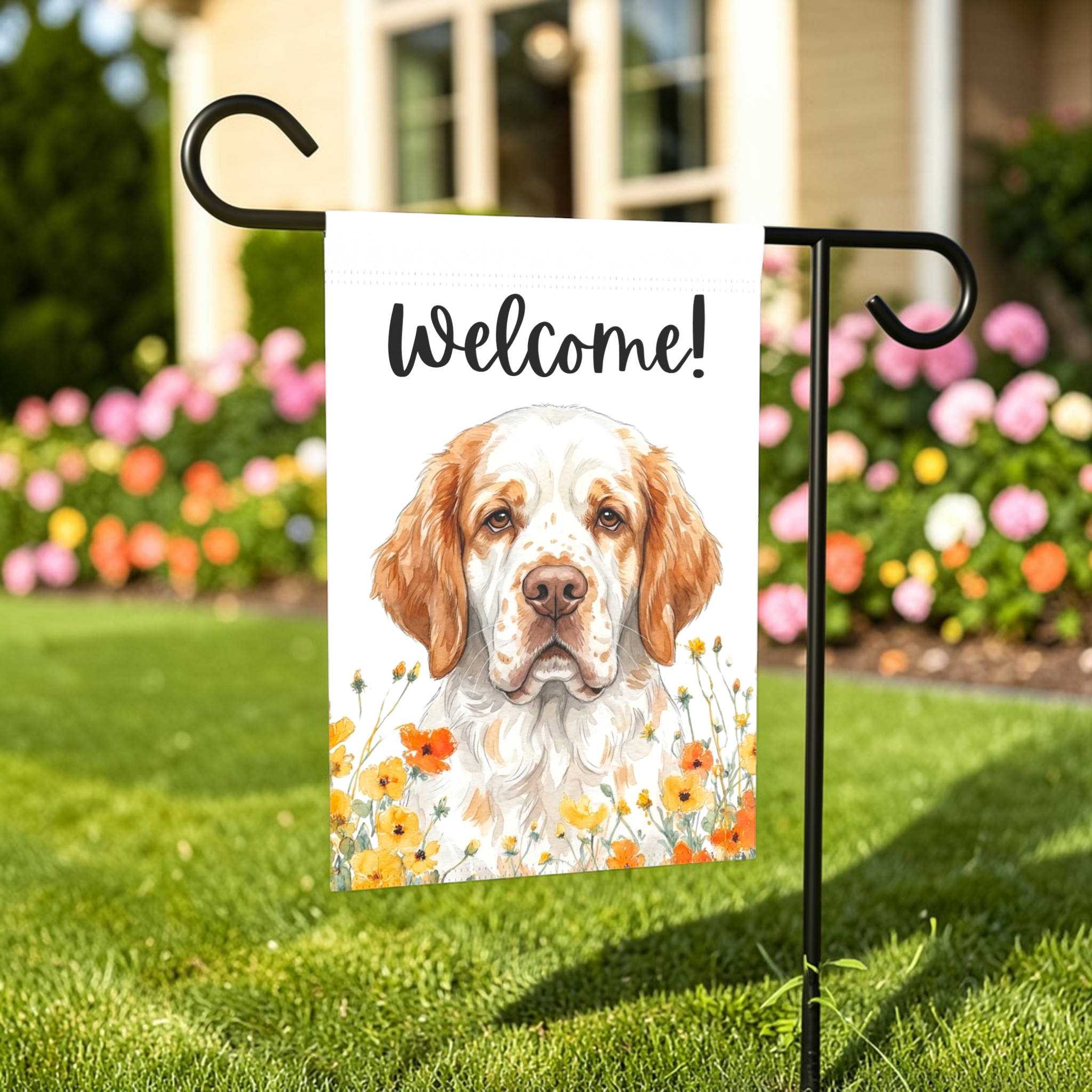 Yellow Poppies Clumber Spaniel Welcome Garden Flag - front view - Dragonfire Gardens