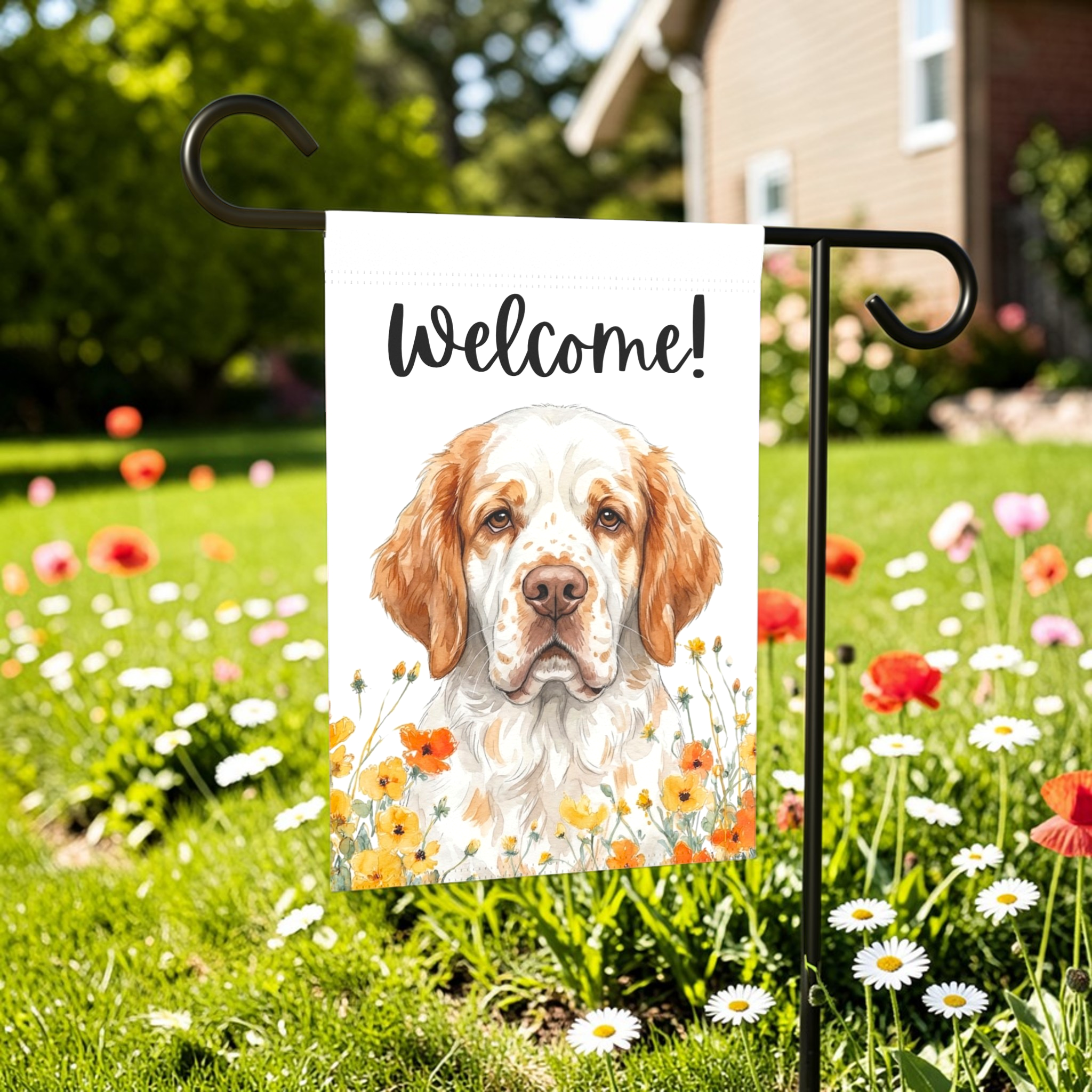 Yellow Poppies Clumber Spaniel Welcome Garden Flag - outdoor display - Dragonfire Gardens