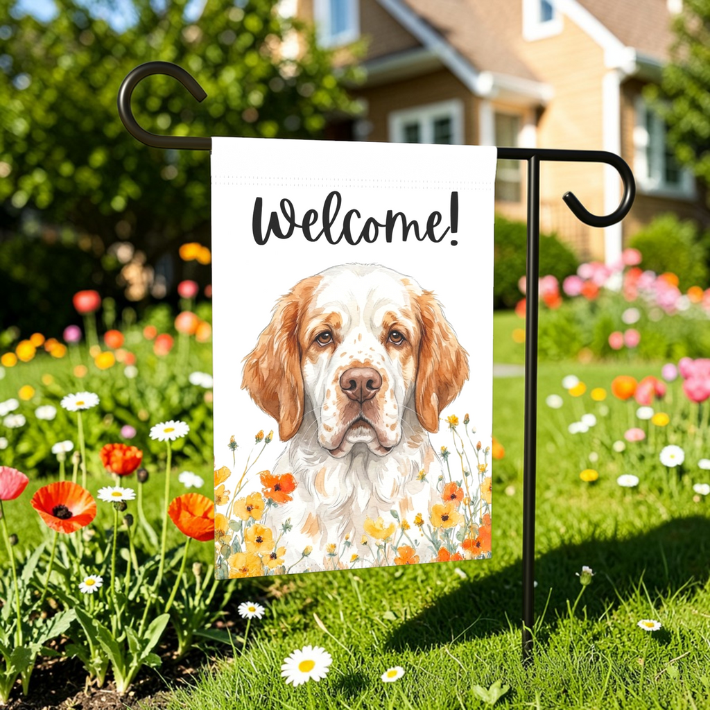 Yellow Poppies Clumber Spaniel Welcome Garden Flag - lifestyle display - Dragonfire Gardens