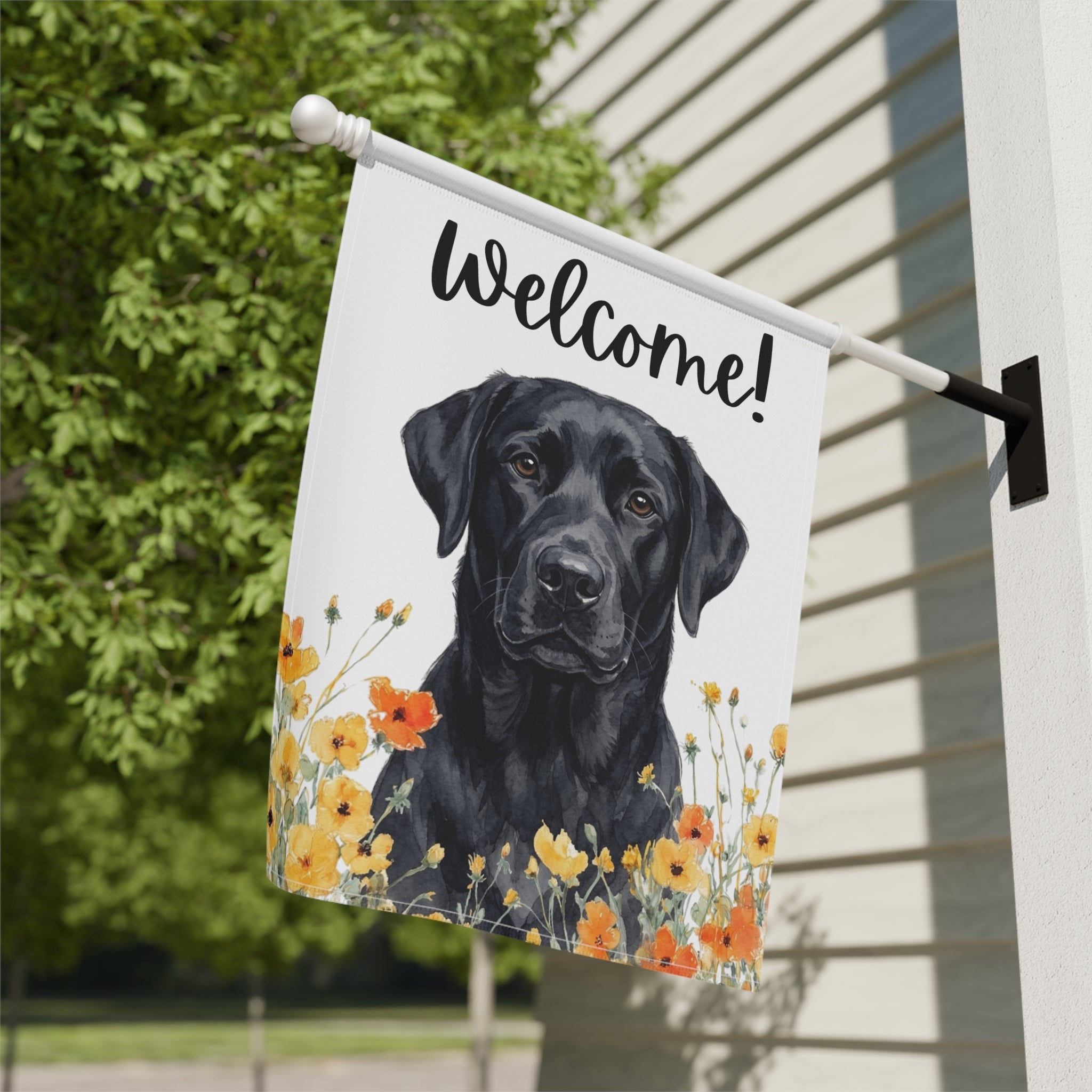 Yellow Poppies Black Labrador Retriever Welcome Garden Flag - yard display - Dragonfire Gardens