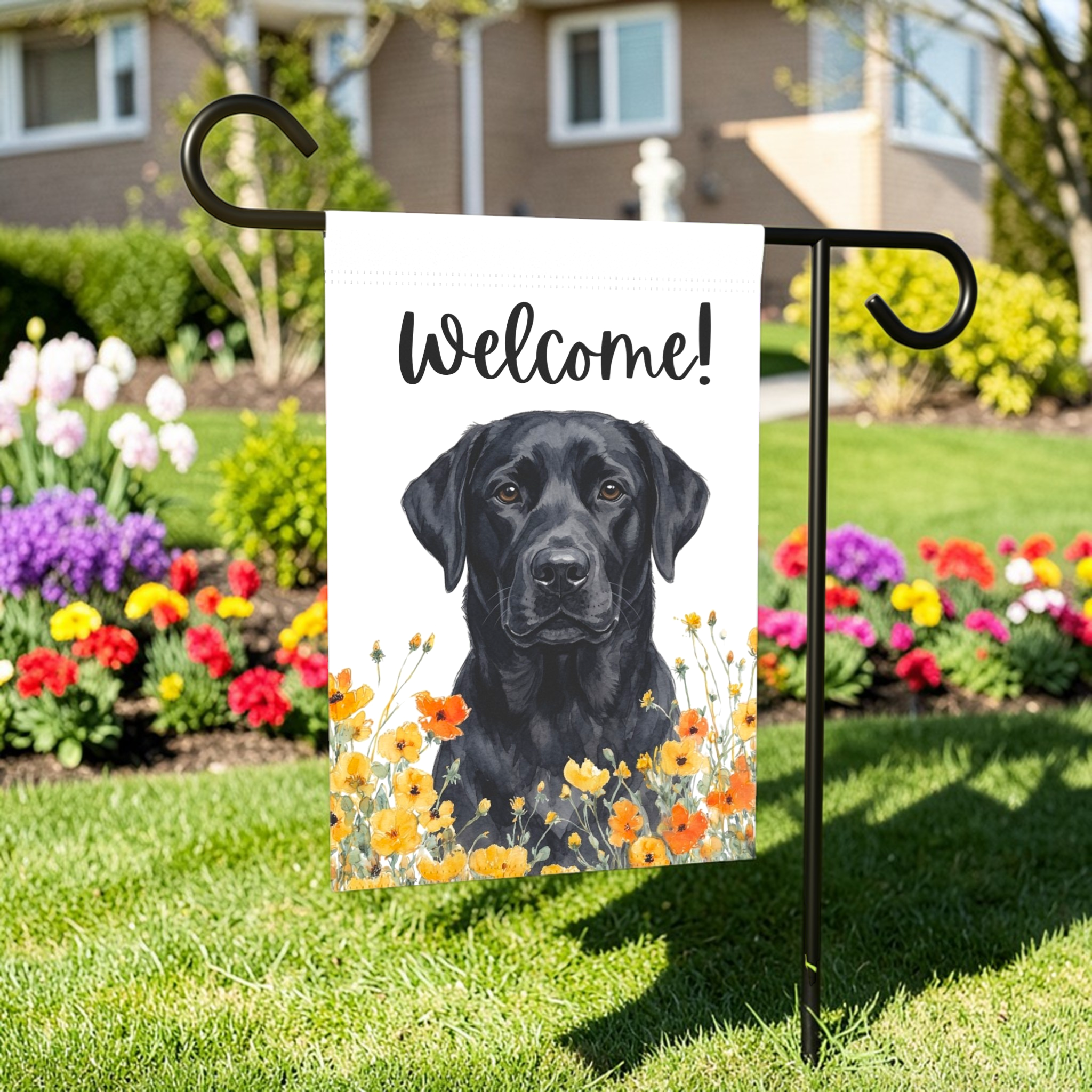 Yellow Poppies Black Labrador Retriever Welcome Garden Flag