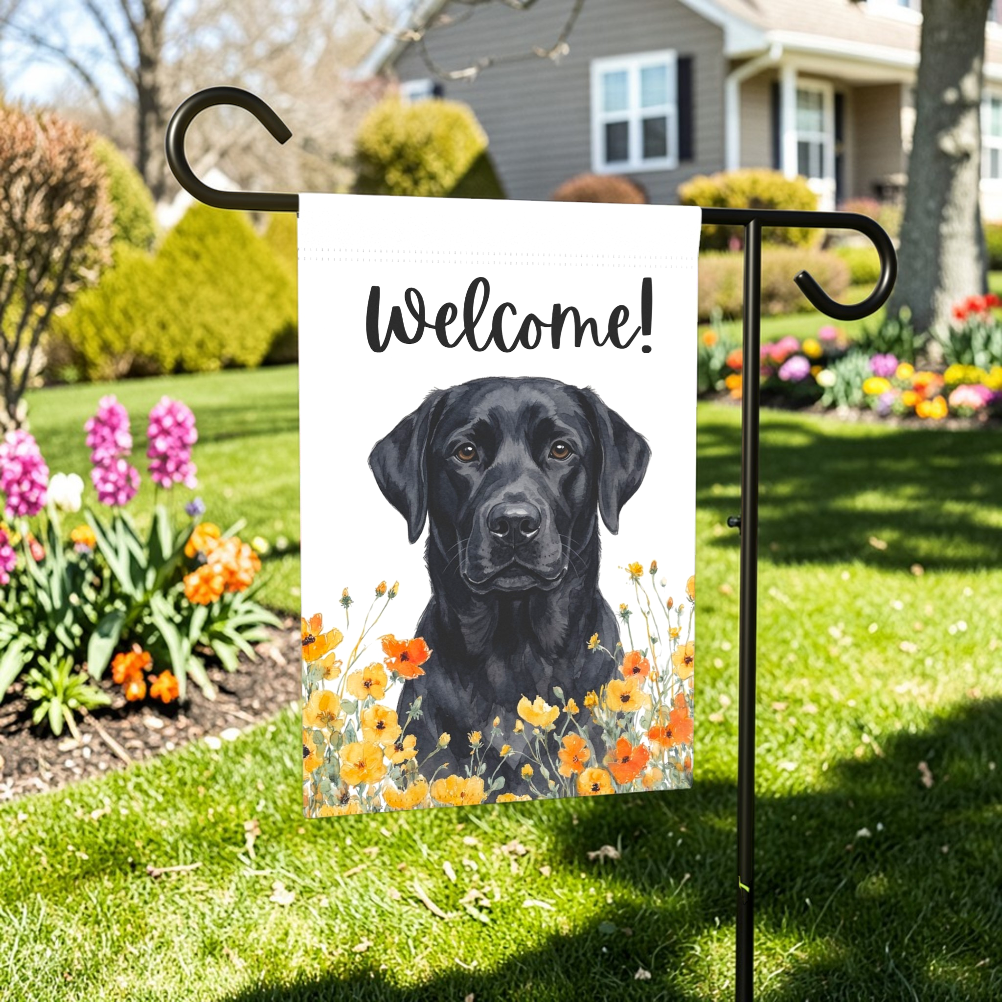 Yellow Poppies Black Labrador Retriever Welcome Garden Flag