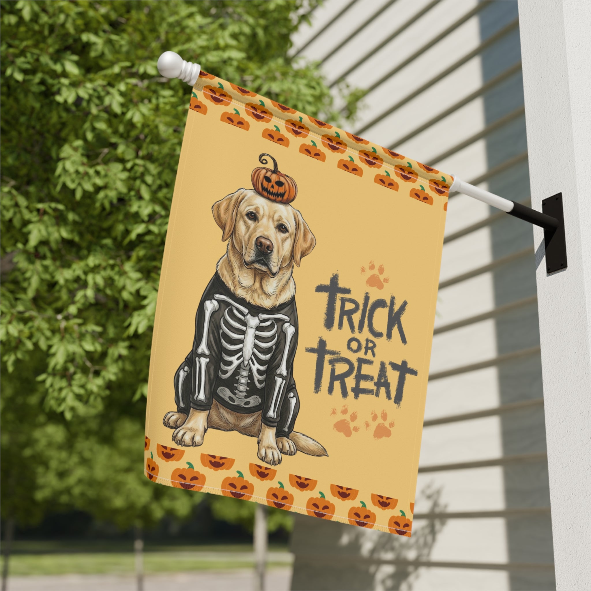 Trick or Treat Yellow Labrador Retriever Halloween Garden Flag - yard display - Dragonfire Gardens