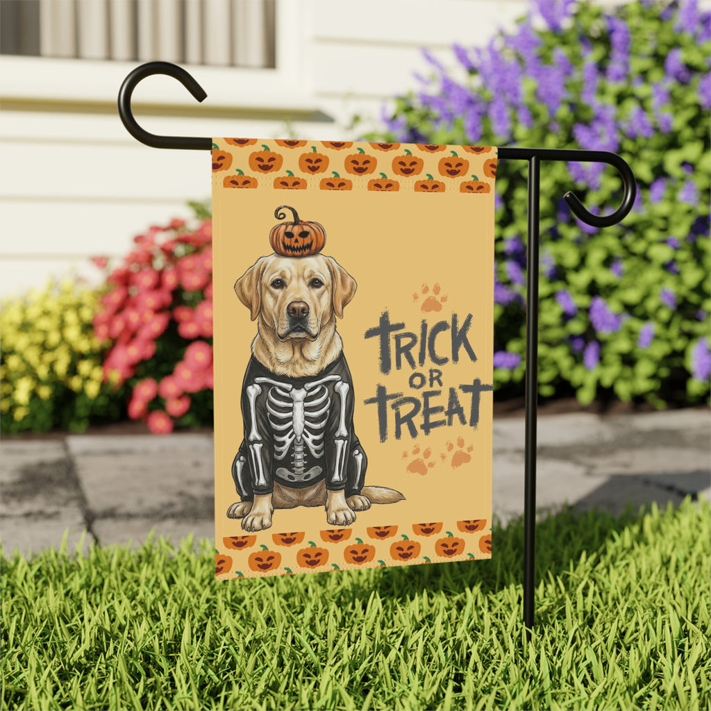 Trick or Treat Yellow Labrador Retriever Halloween Garden Flag - close-up detail - Dragonfire Gardens