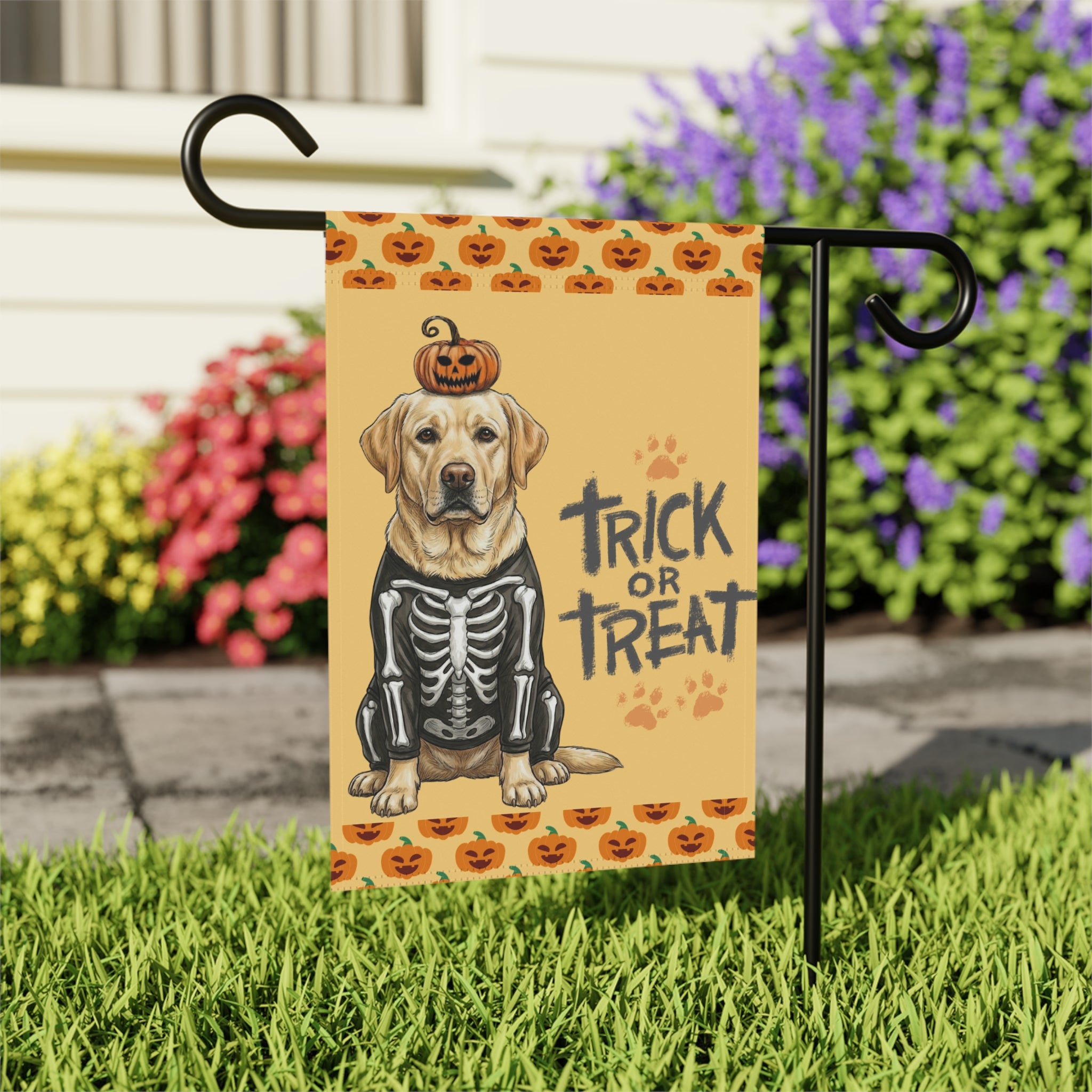 Trick or Treat Yellow Labrador Retriever Halloween Garden Flag - close-up detail - Dragonfire Gardens