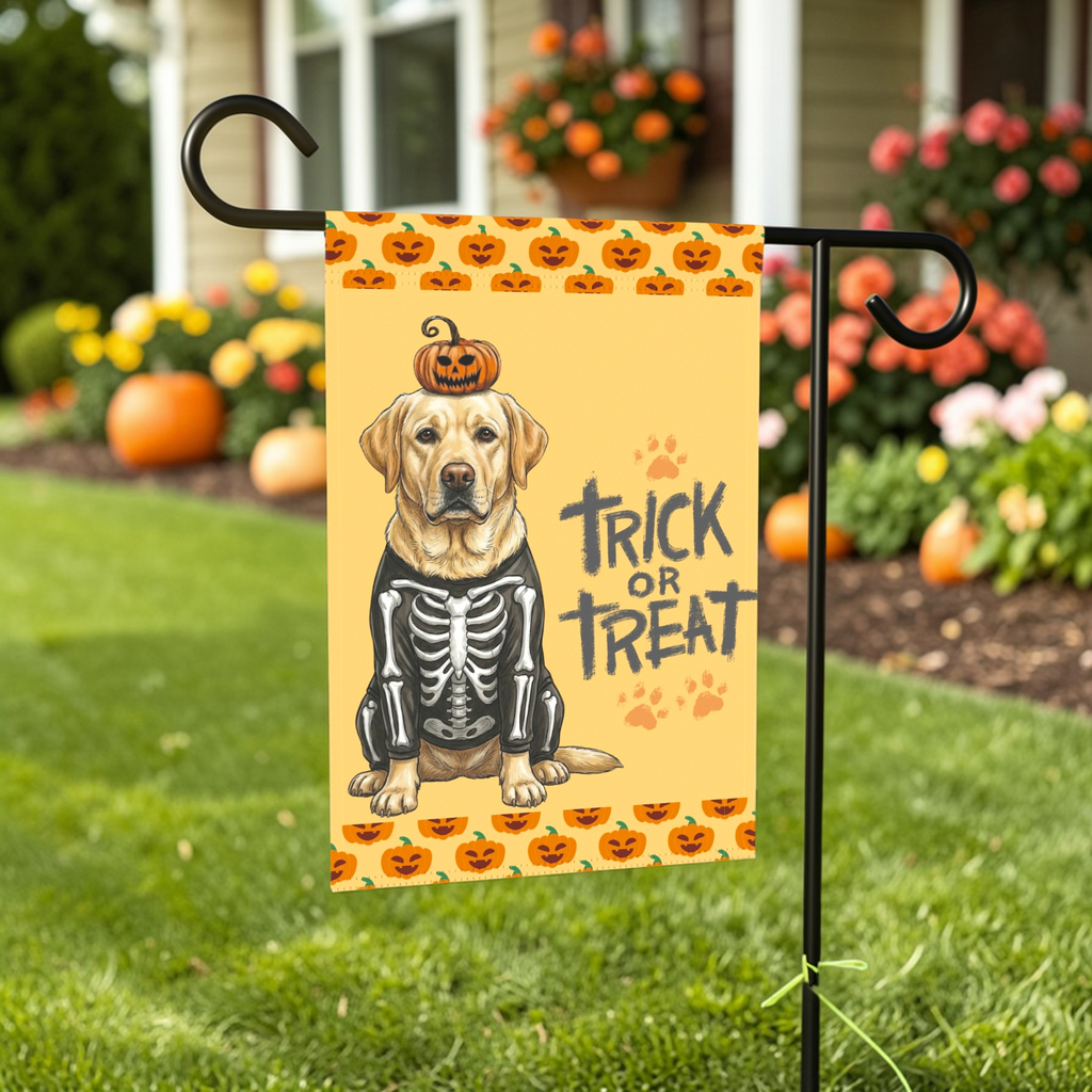 Trick or Treat Yellow Labrador Retriever Halloween Garden Flag - lifestyle display - Dragonfire Gardens