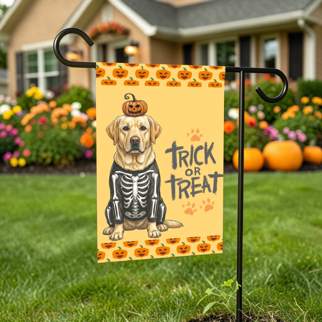 Trick or Treat Yellow Labrador Retriever Halloween Garden Flag - front view - Dragonfire Gardens