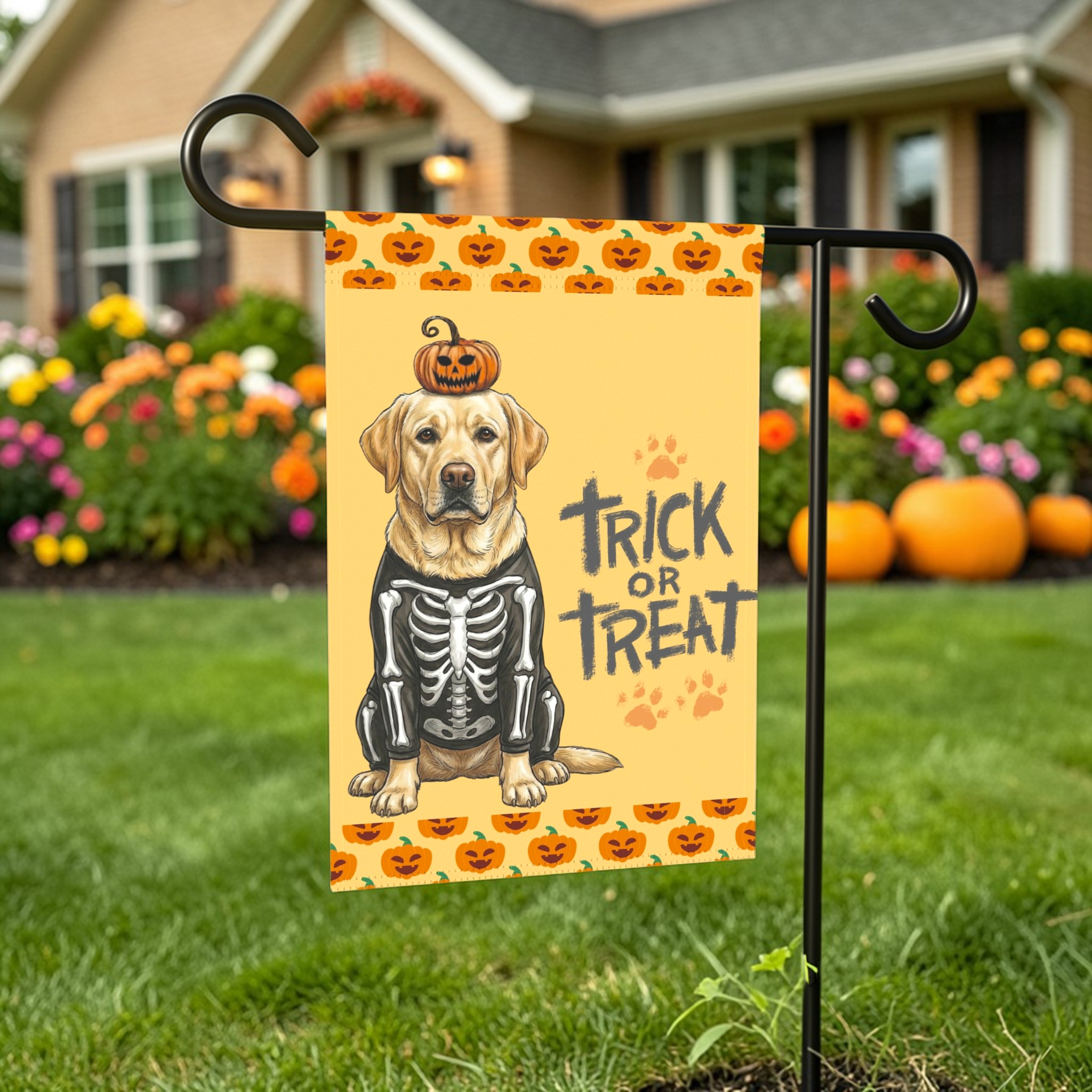 Trick or Treat Yellow Labrador Retriever Halloween Garden Flag - front view - Dragonfire Gardens