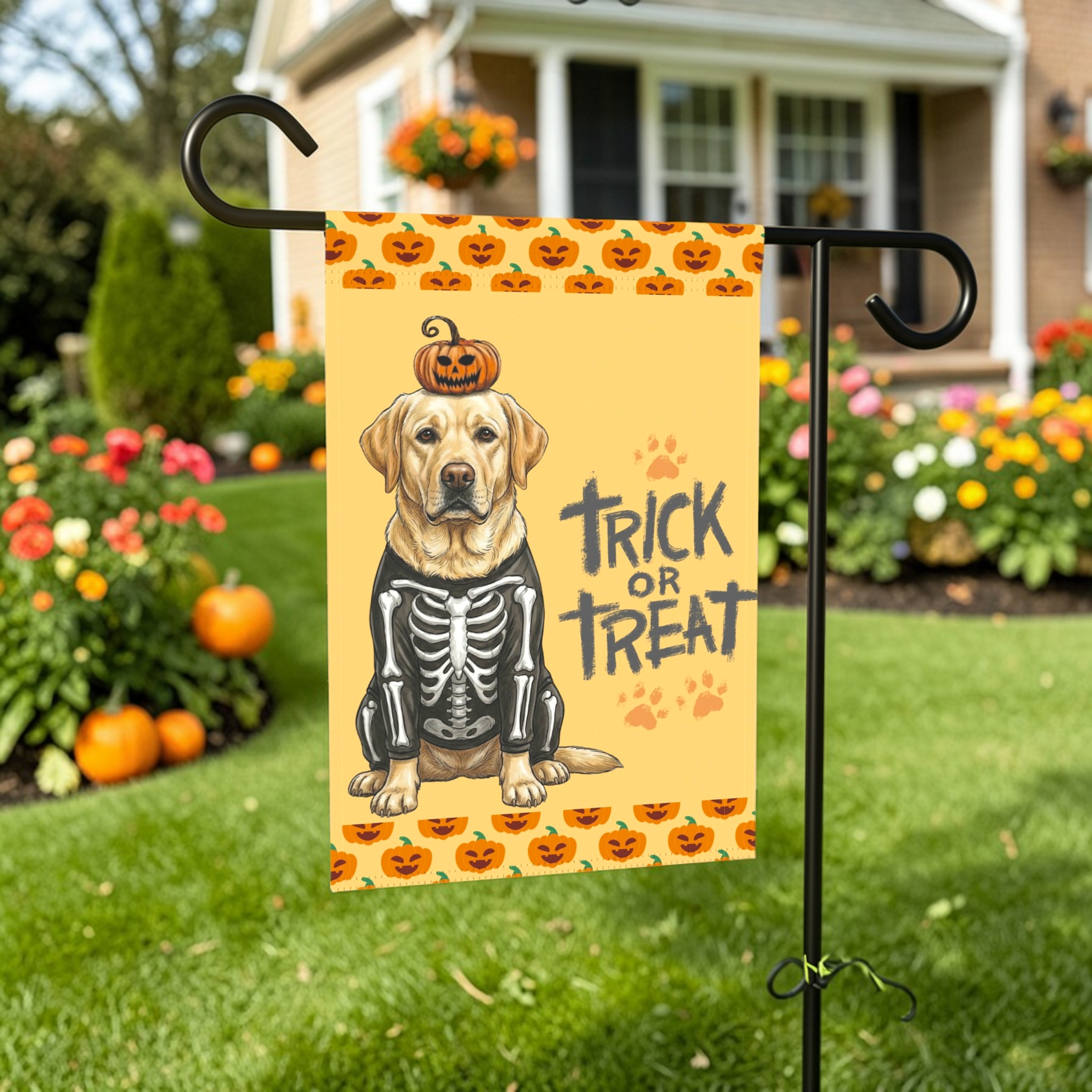 Trick or Treat Yellow Labrador Retriever Halloween Garden Flag - outdoor display - Dragonfire Gardens