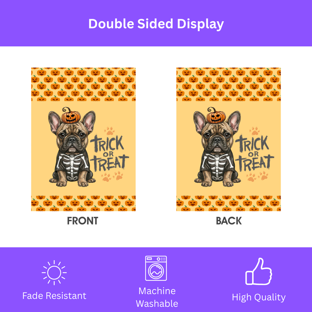 Trick or Treat French Bulldog Halloween Garden Flag - double-sided design - Dragonfire Gardens