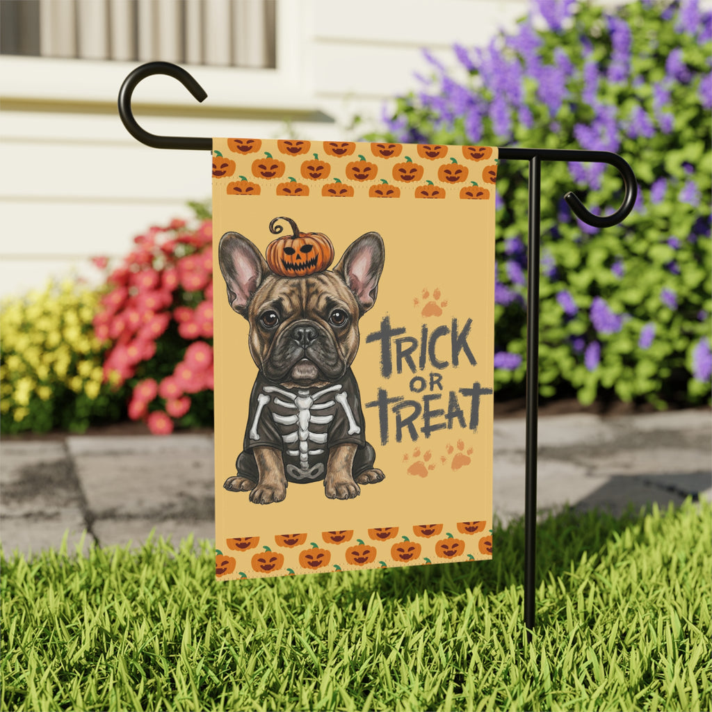 Trick or Treat French Bulldog Halloween Garden Flag - close-up detail - Dragonfire Gardens
