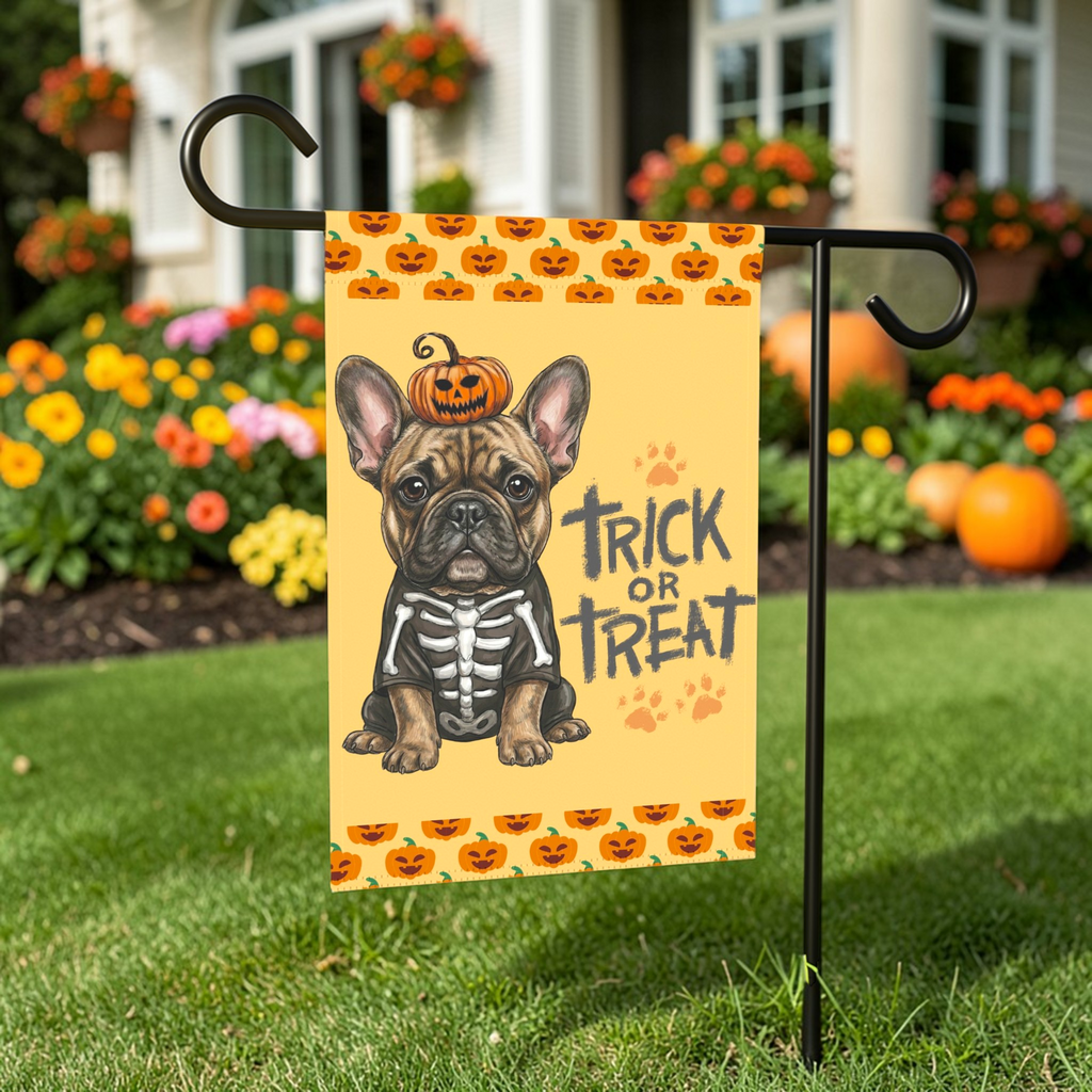 Trick or Treat French Bulldog Halloween Garden Flag - front view - Dragonfire Gardens