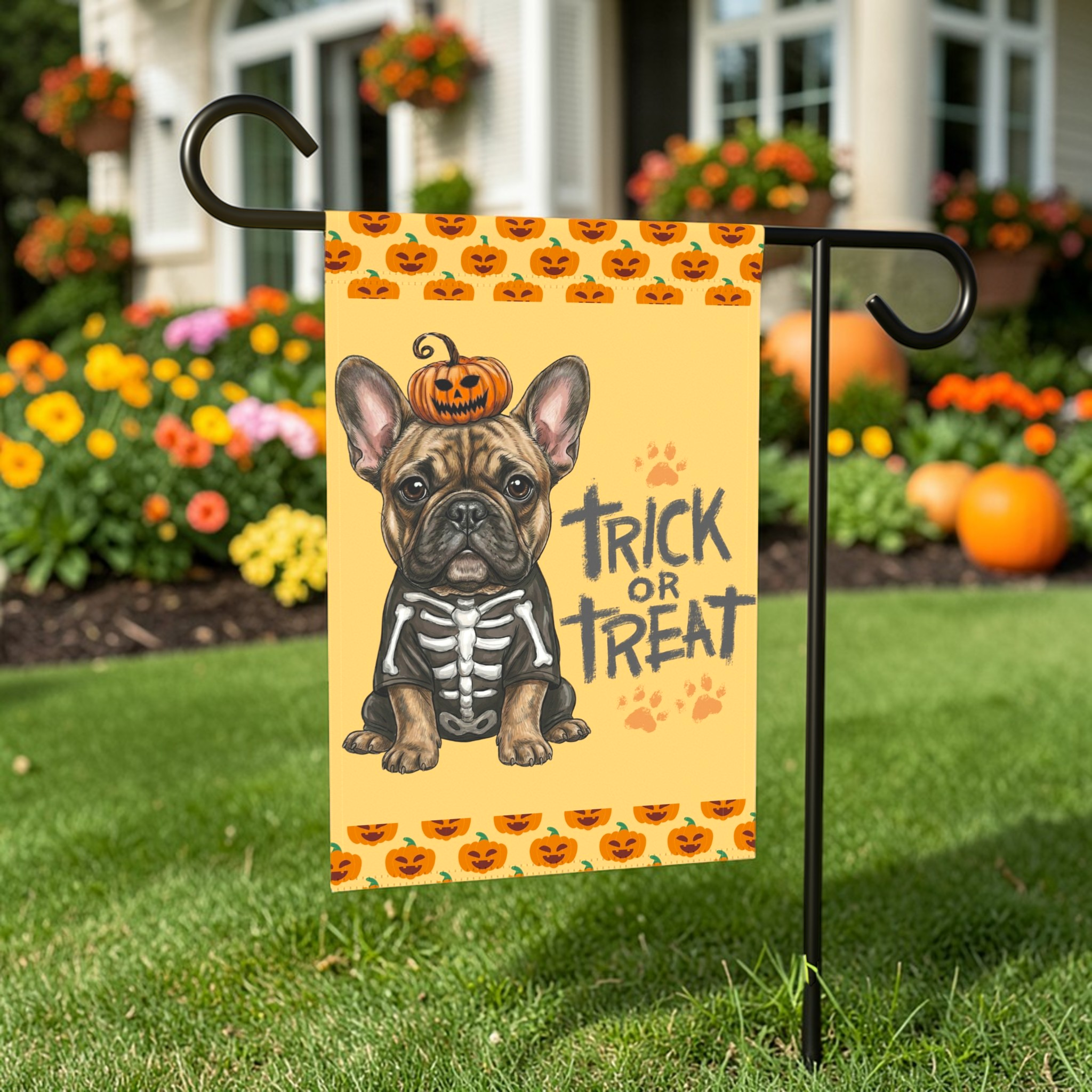 Trick or Treat French Bulldog Halloween Garden Flag - front view - Dragonfire Gardens