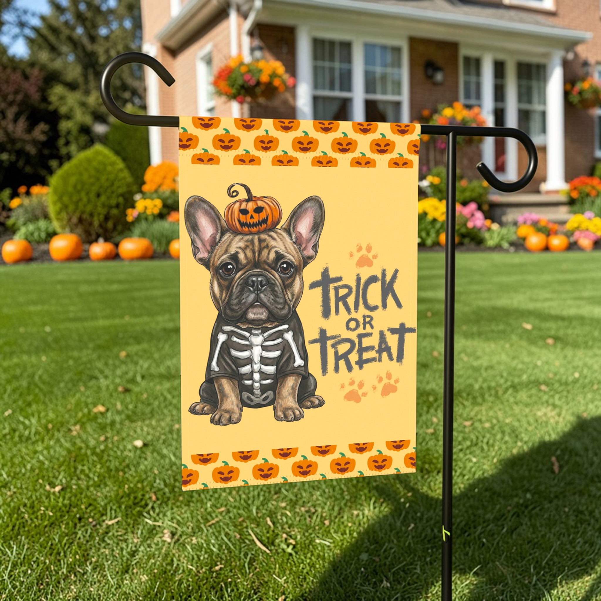 Trick or Treat French Bulldog Halloween Garden Flag - outdoor display - Dragonfire Gardens