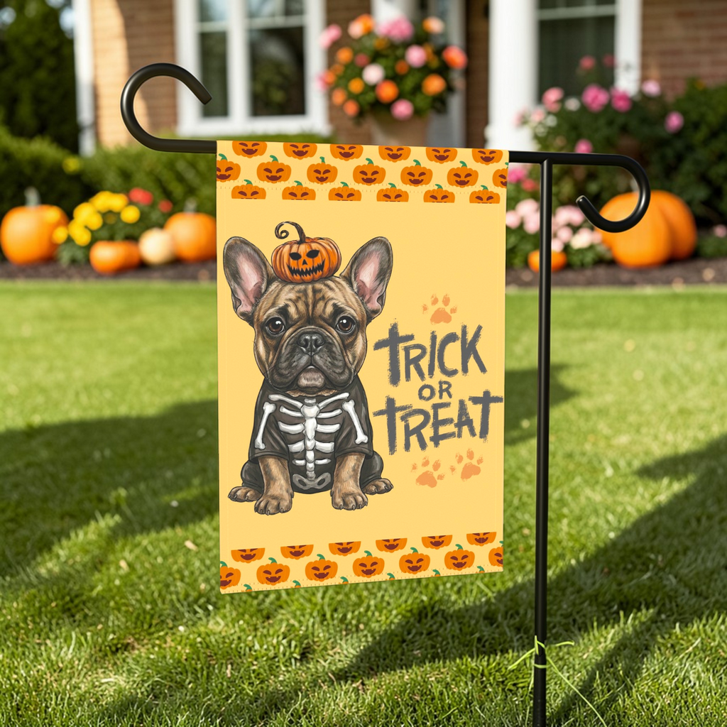 Trick or Treat French Bulldog Halloween Garden Flag - lifestyle display - Dragonfire Gardens