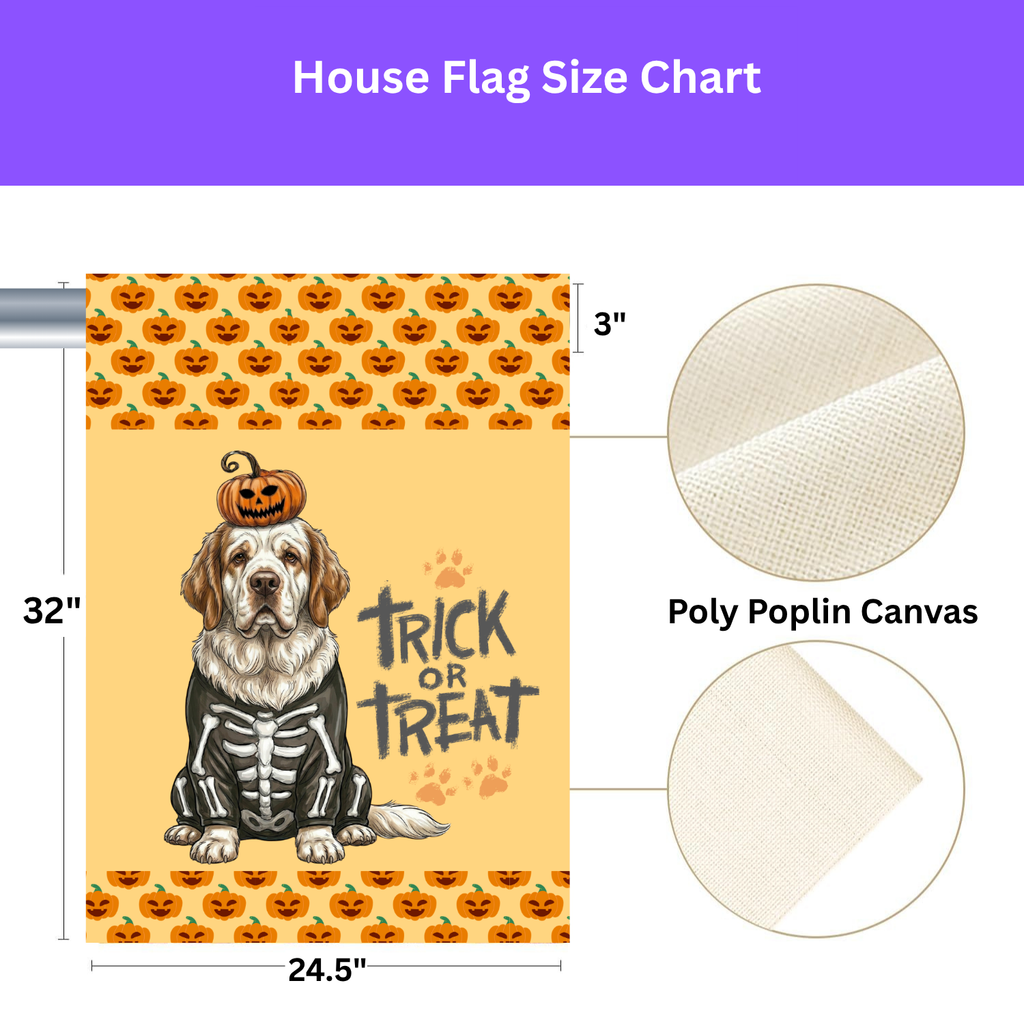 Trick or Treat Clumber Spaniel Halloween Garden Flag - size comparison - Dragonfire Gardens