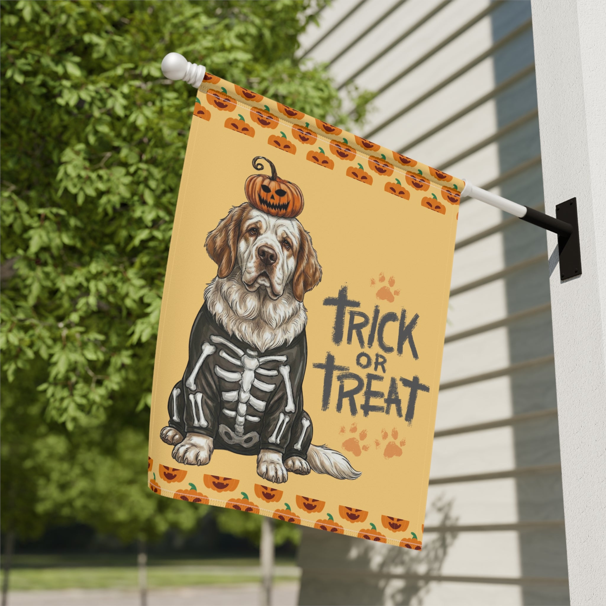 Trick or Treat Clumber Spaniel Halloween Garden Flag - yard display - Dragonfire Gardens