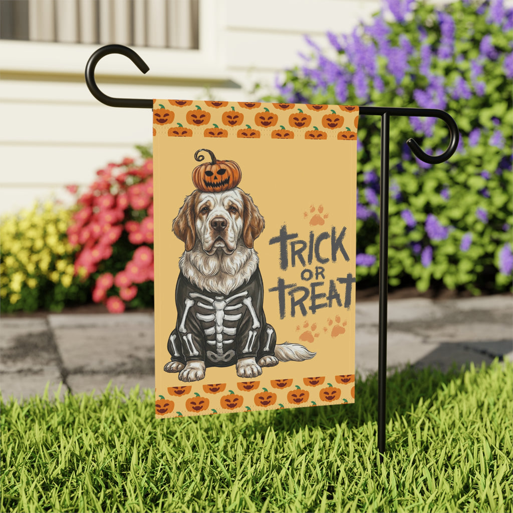 Trick or Treat Clumber Spaniel Halloween Garden Flag - close-up detail - Dragonfire Gardens