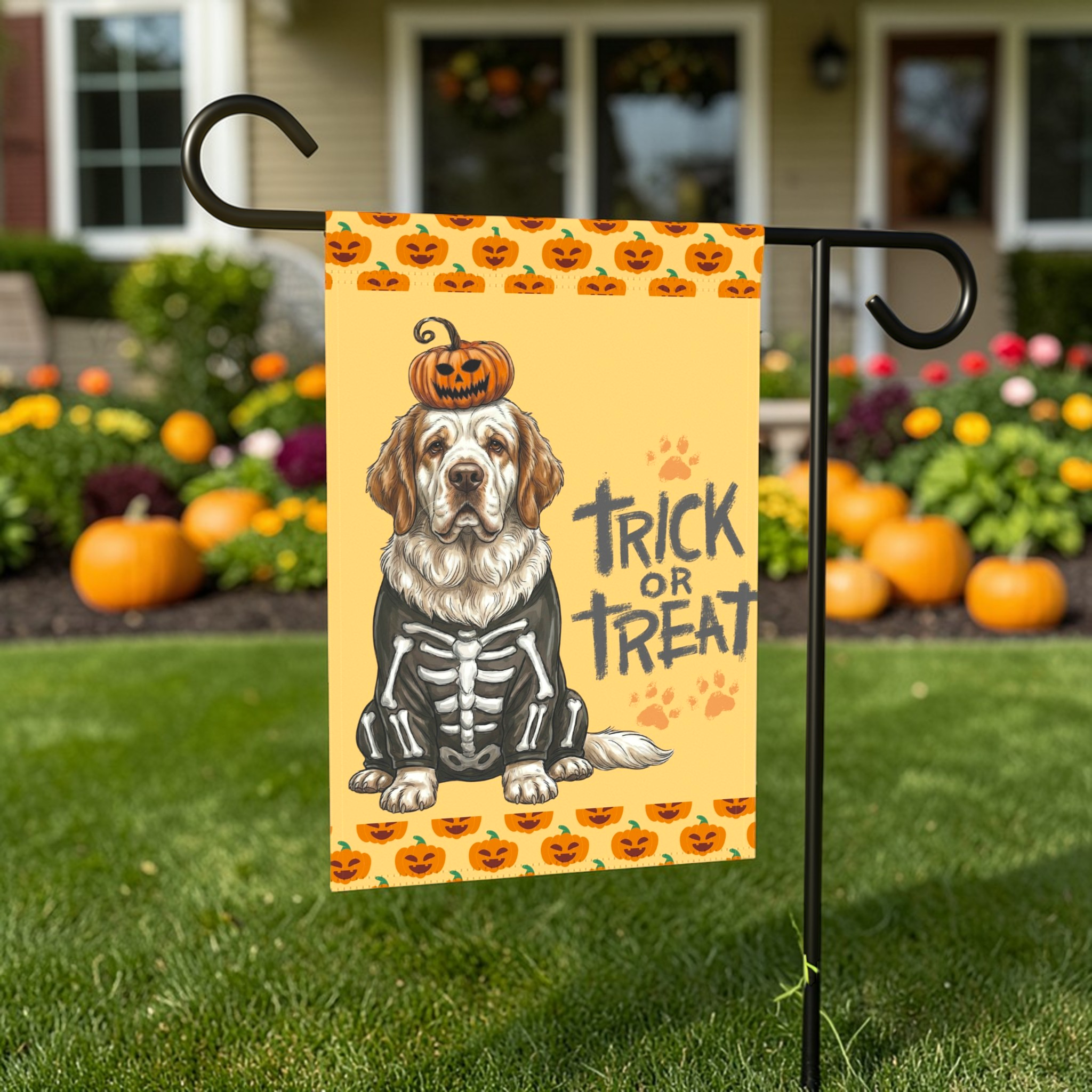 Trick or Treat Clumber Spaniel Halloween Garden Flag - front view - Dragonfire Gardens