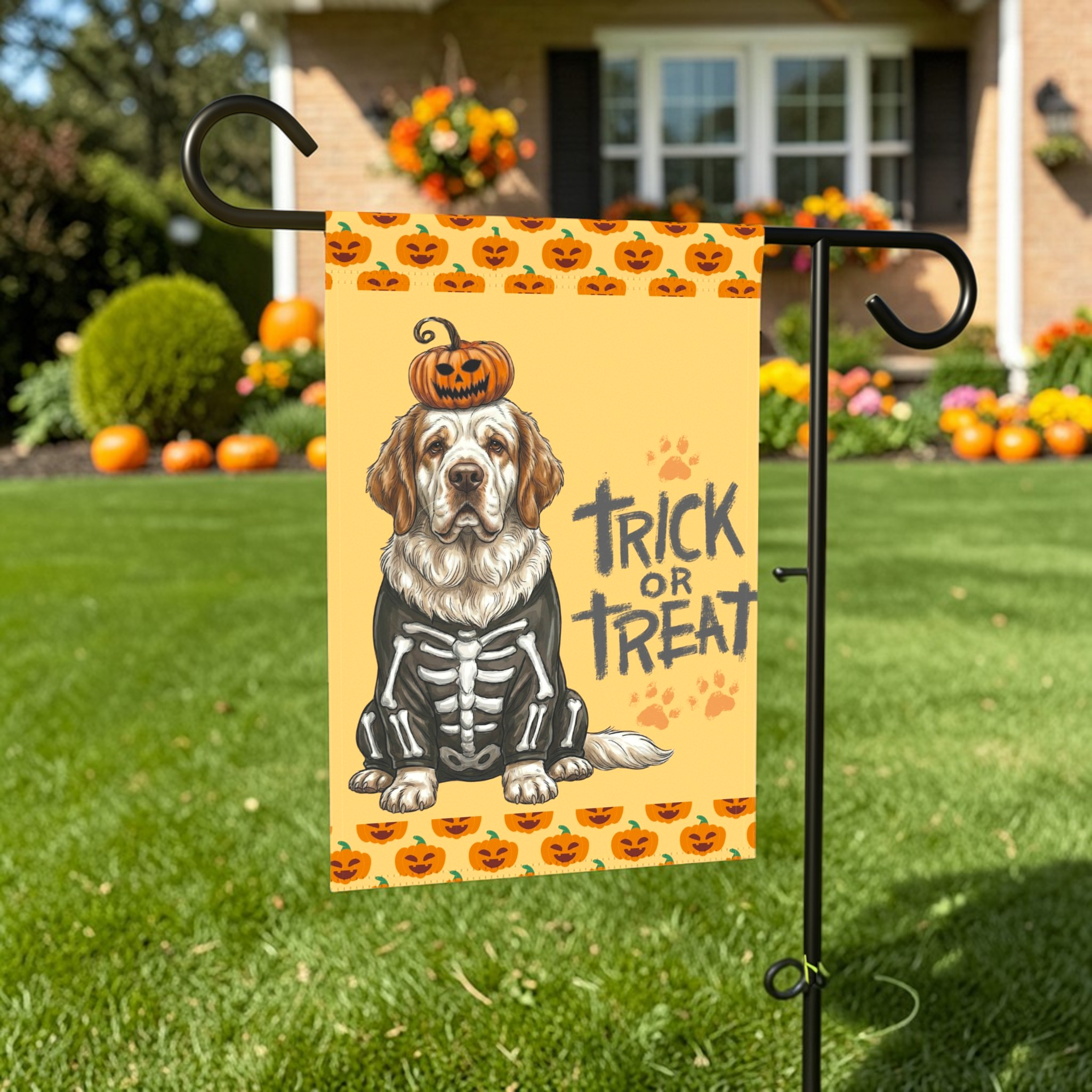 Trick or Treat Clumber Spaniel Halloween Garden Flag - outdoor display - Dragonfire Gardens