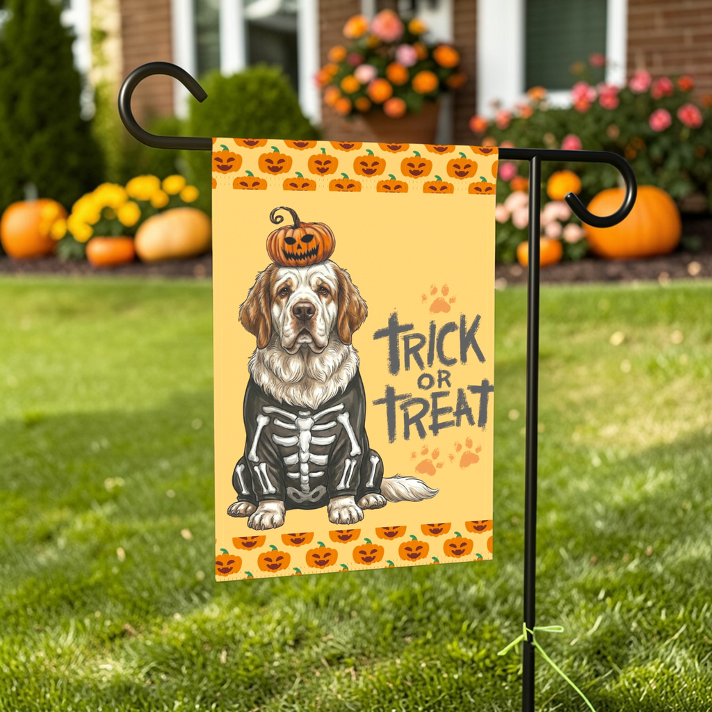Trick or Treat Clumber Spaniel Halloween Garden Flag - lifestyle display - Dragonfire Gardens