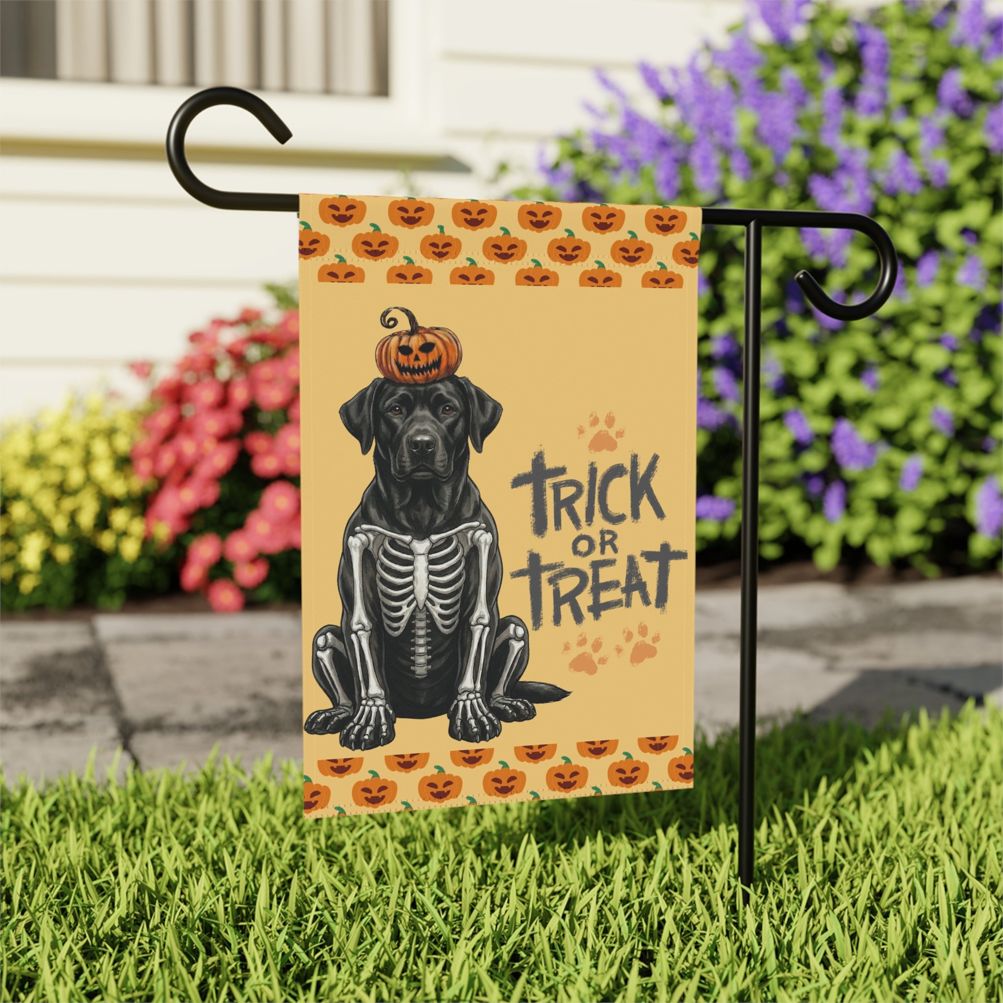 Trick or Treat Black Labrador Retriever Halloween Garden Flag - close-up detail - Dragonfire Gardens