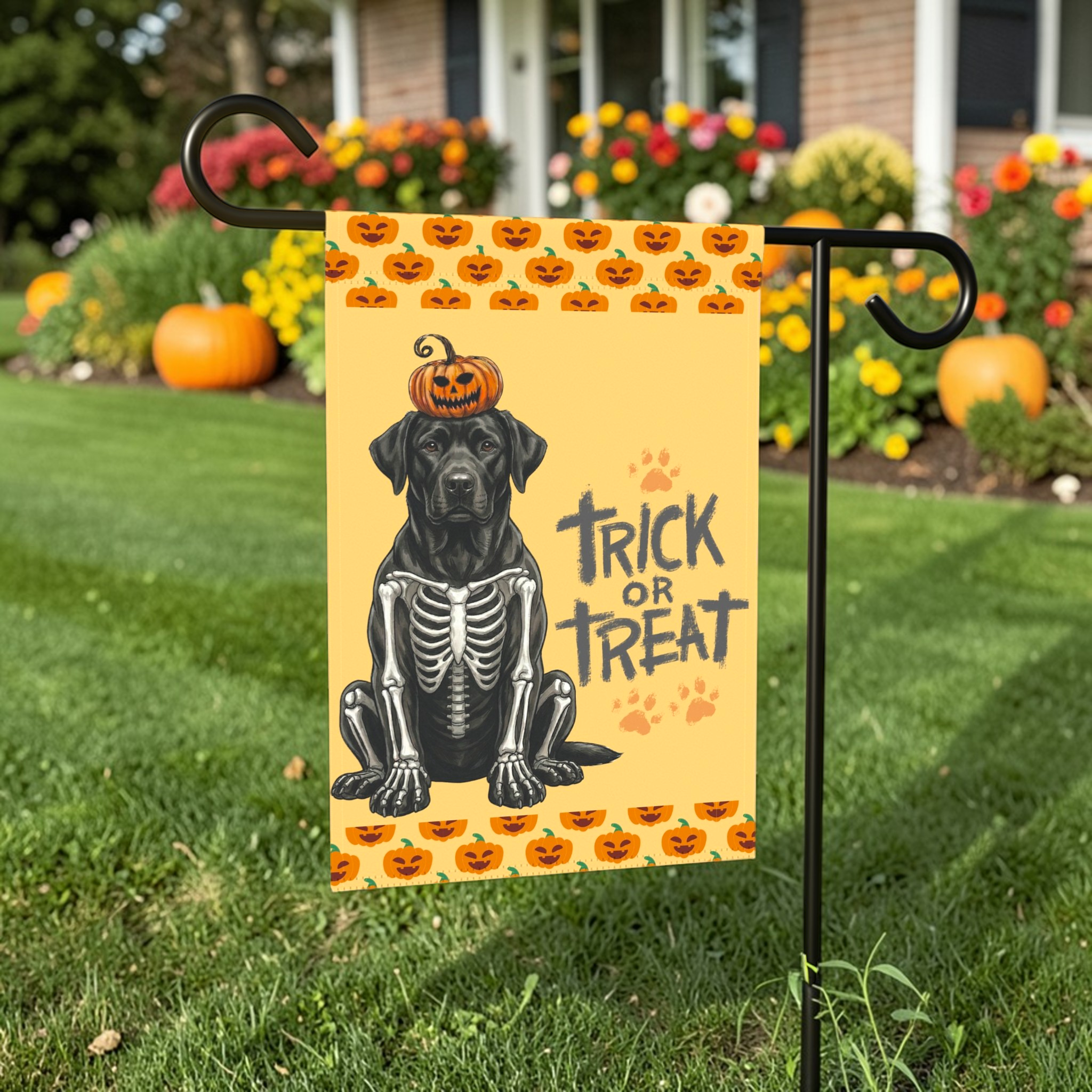 Trick or Treat Black Labrador Retriever Halloween Garden Flag - front view - Dragonfire Gardens