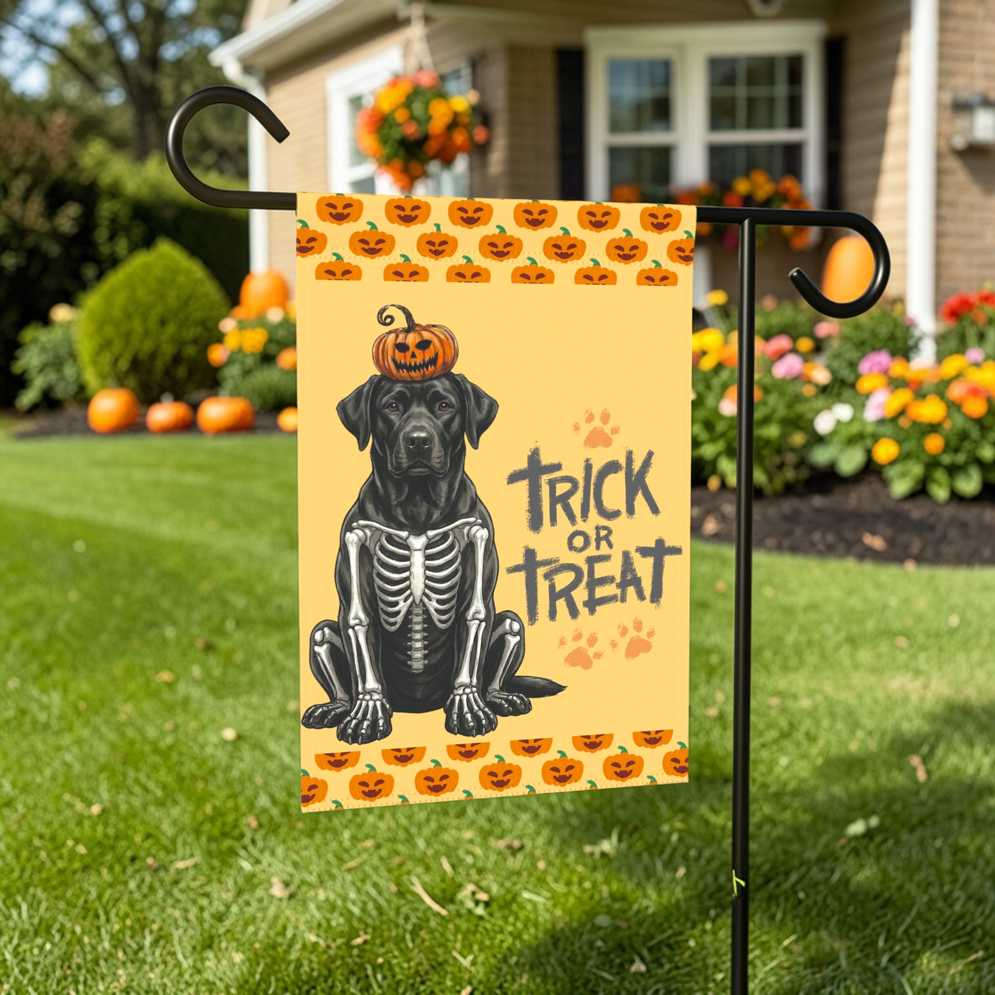 Trick or Treat Black Labrador Retriever Halloween Garden Flag - outdoor display - Dragonfire Gardens