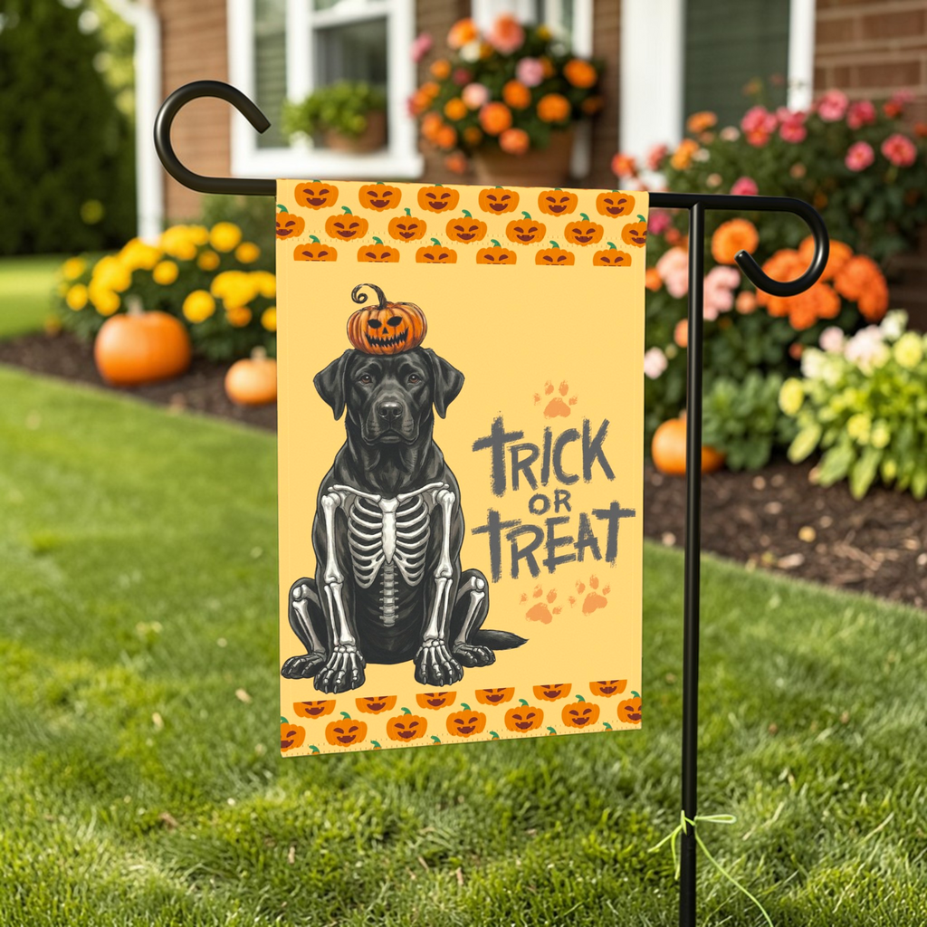 Trick or Treat Black Labrador Retriever Halloween Garden Flag - lifestyle display - Dragonfire Gardens