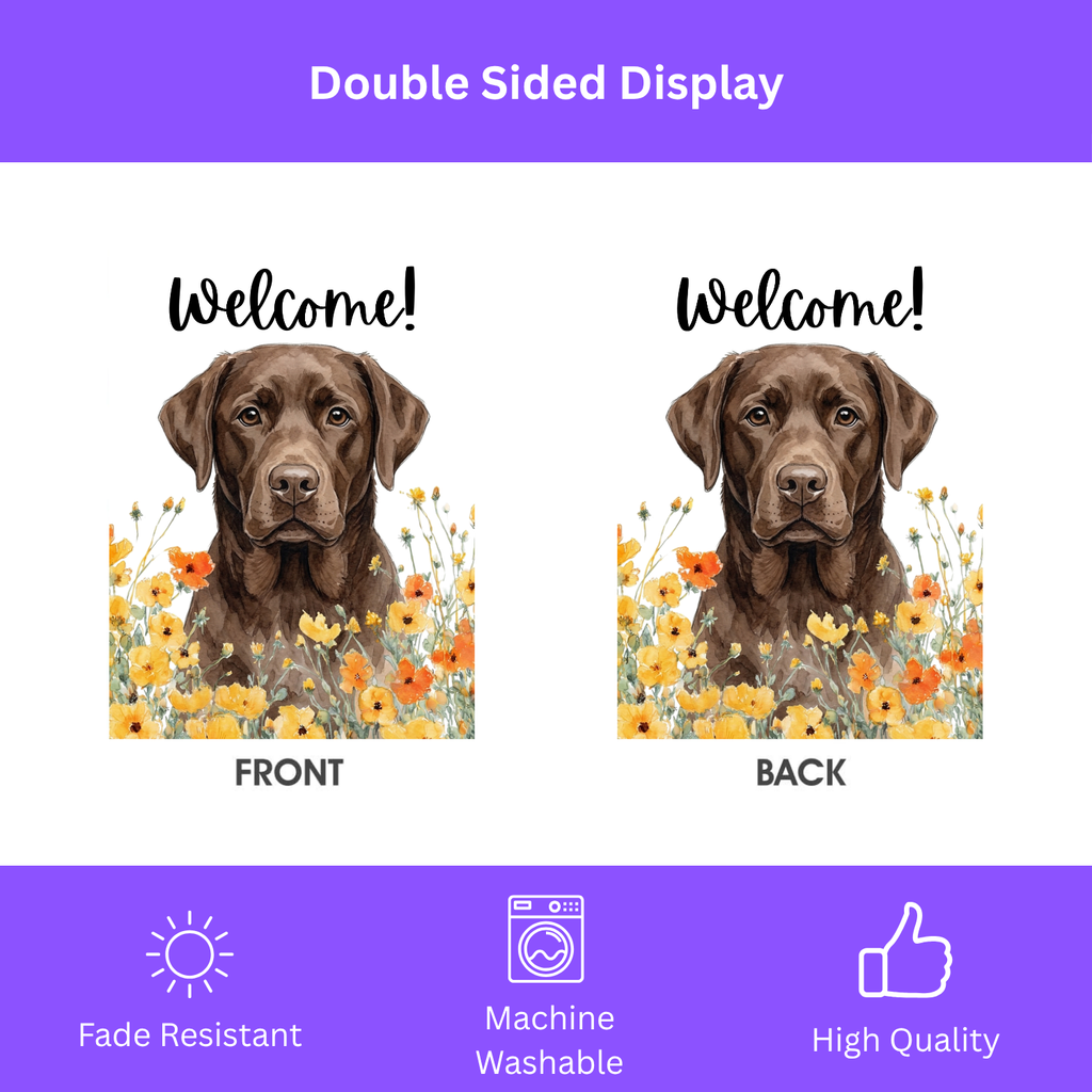 Yellow Poppies Chocolate Labrador Retriever Welcome Flag Garden Flag - porch decor - Dragonfire Gardens