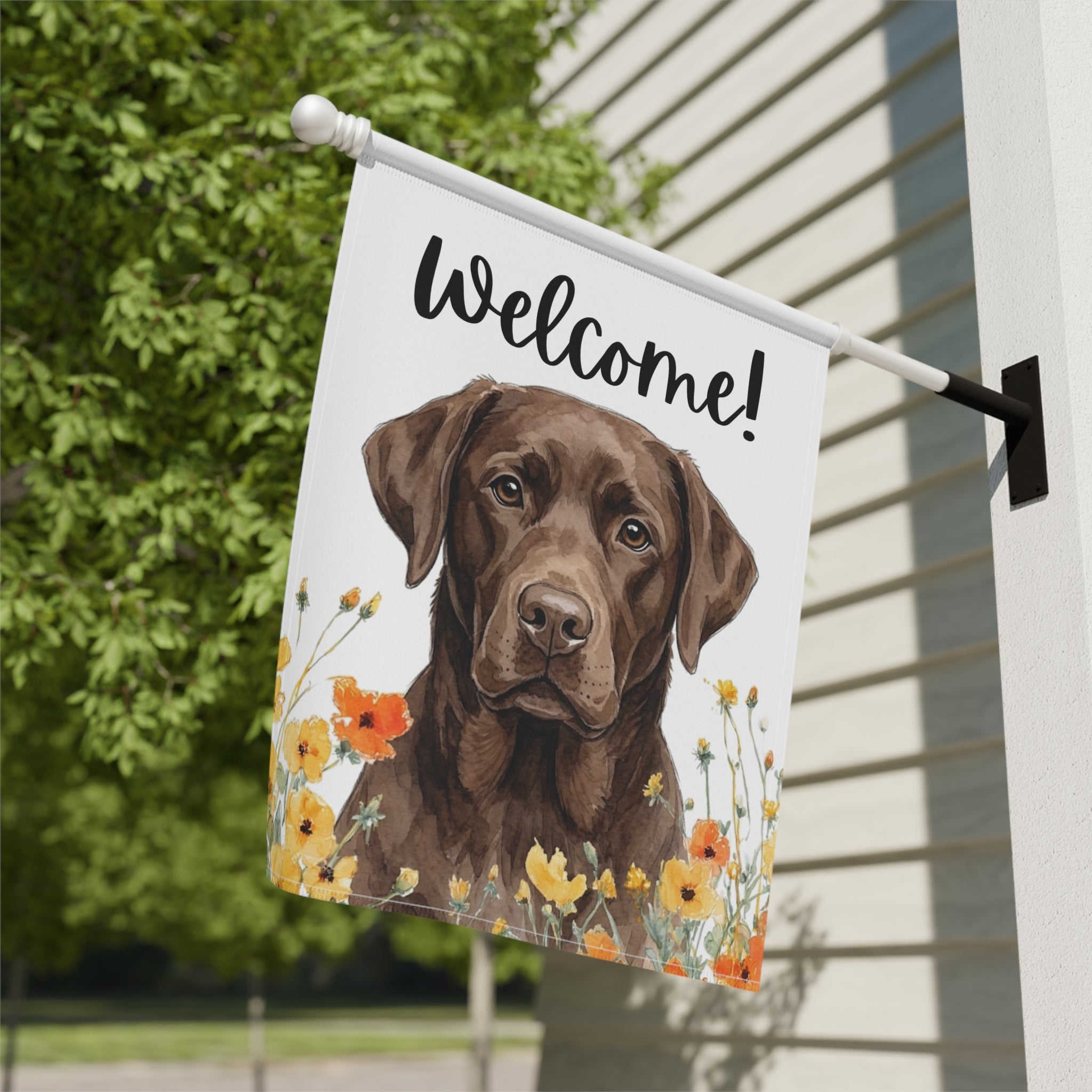 Yellow Poppies Chocolate Labrador Retriever Welcome Flag Garden Flag - yard display - Dragonfire Gardens