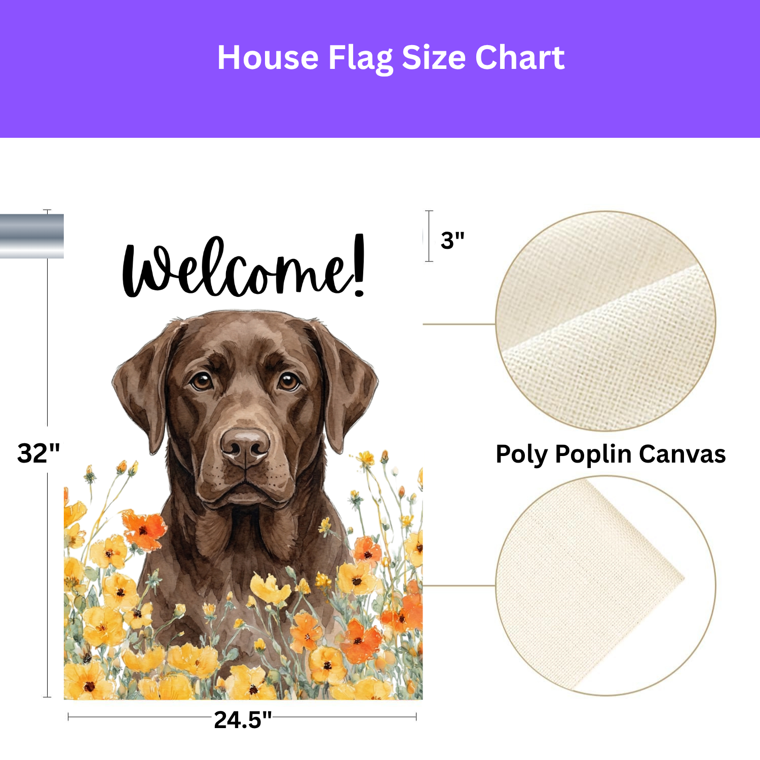 Yellow Poppies Chocolate Labrador Retriever Welcome Flag Garden Flag - size comparison - Dragonfire Gardens