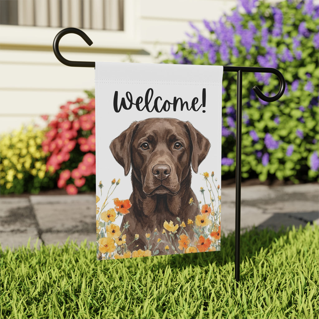 Yellow Poppies Chocolate Labrador Retriever Welcome Flag Garden Flag - close-up detail - Dragonfire Gardens