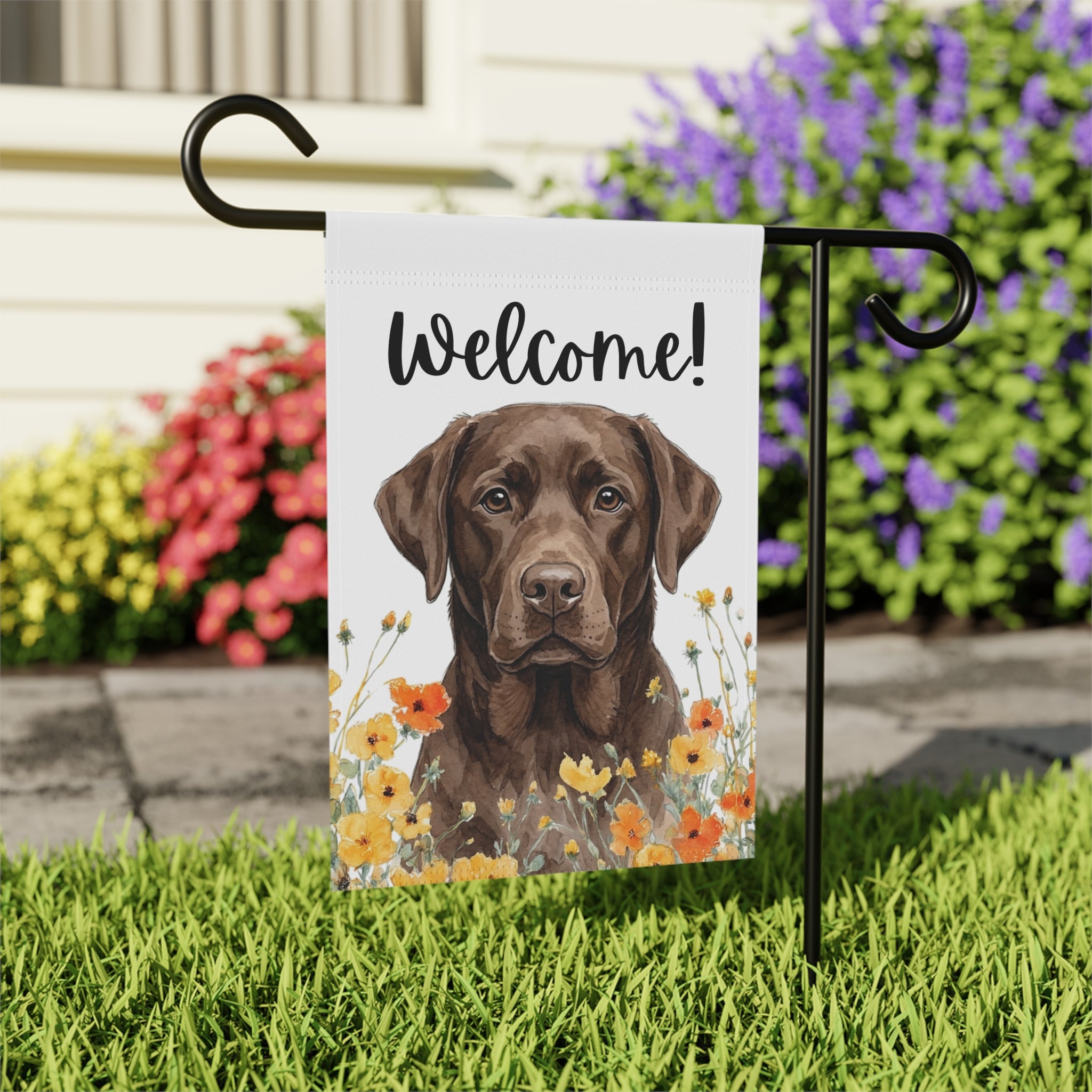Yellow Poppies Chocolate Labrador Retriever Welcome Flag Garden Flag - close-up detail - Dragonfire Gardens