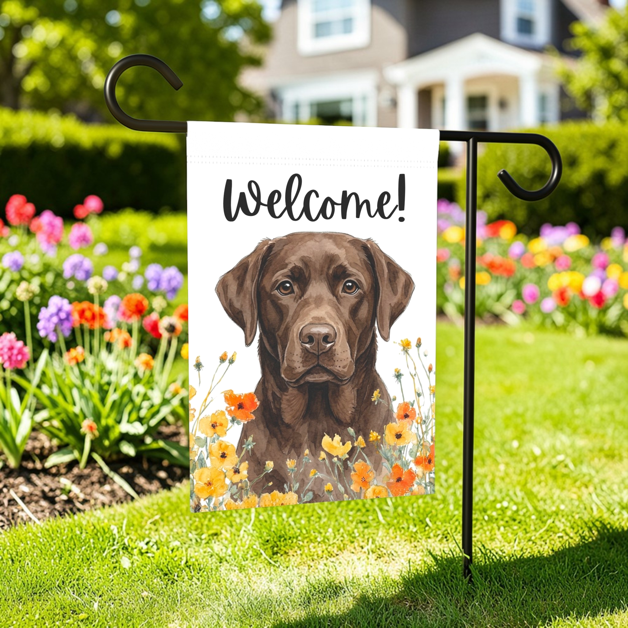 Yellow Poppies Chocolate Labrador Retriever Welcome Flag Garden Flag - outdoor display - Dragonfire Gardens
