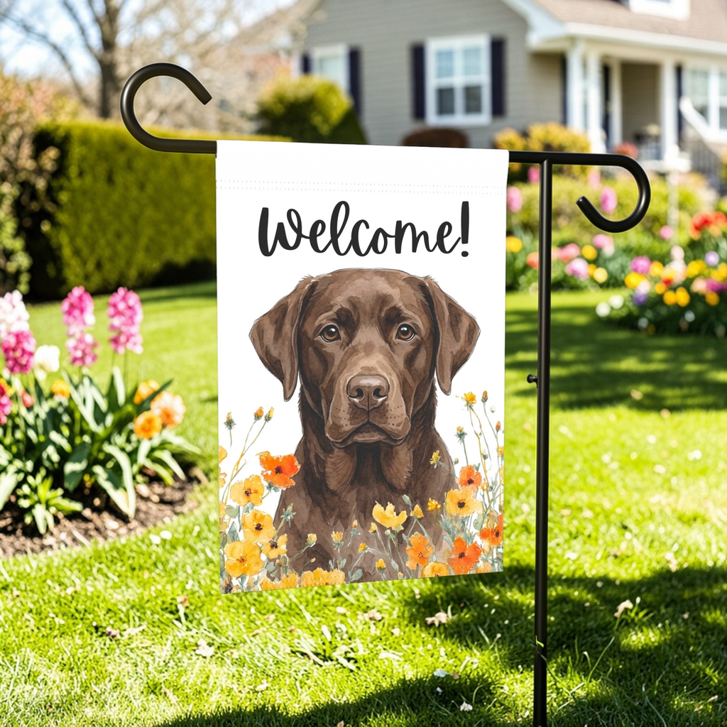 Yellow Poppies Chocolate Labrador Retriever Welcome Flag Garden Flag - lifestyle display - Dragonfire Gardens