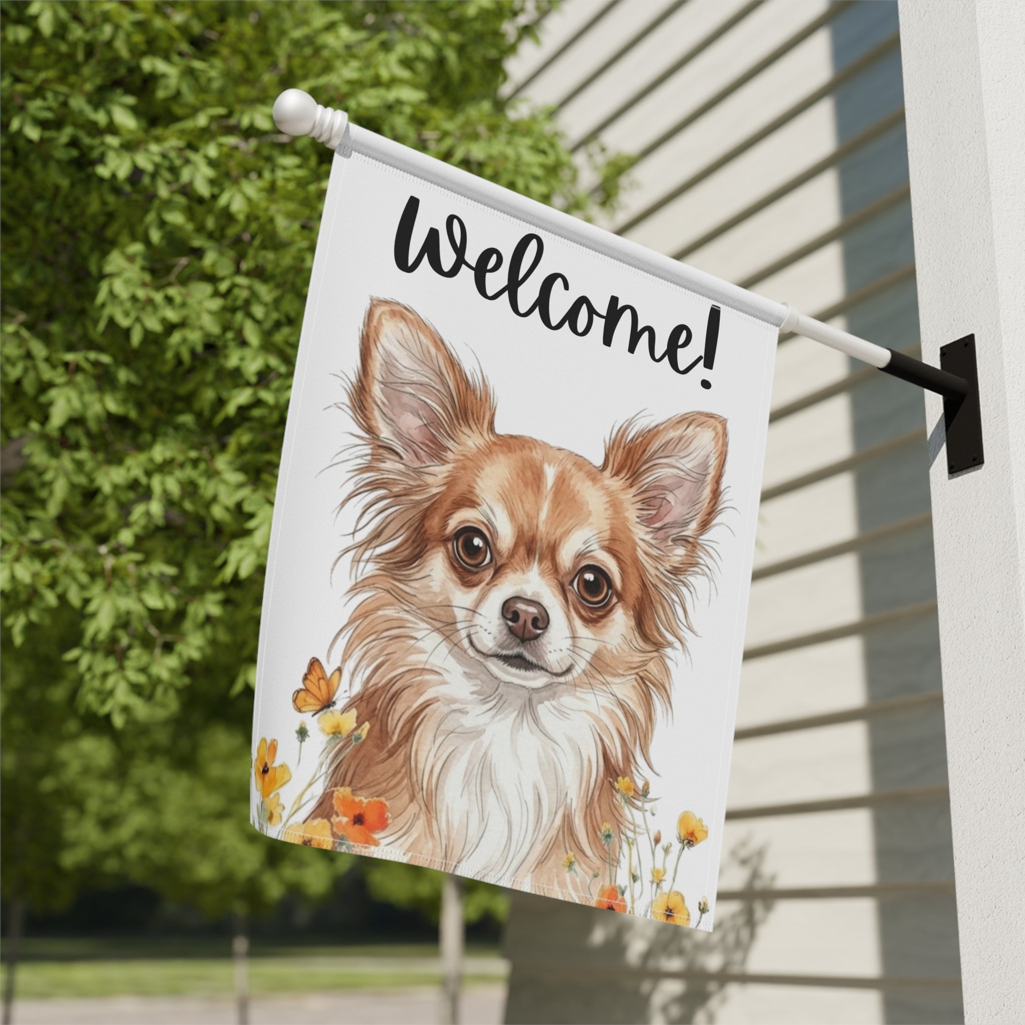 Yellow Poppies Long-Haired Chihuahua Welcome Garden Flag - yard display - Dragonfire Gardens
