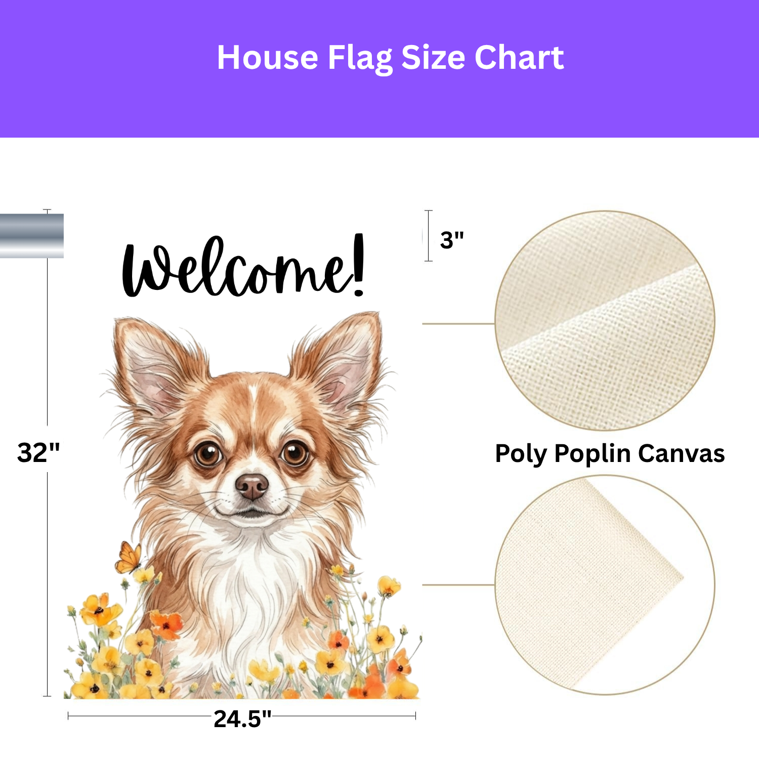 Yellow Poppies Long-Haired Chihuahua Welcome Garden Flag - size comparison - Dragonfire Gardens