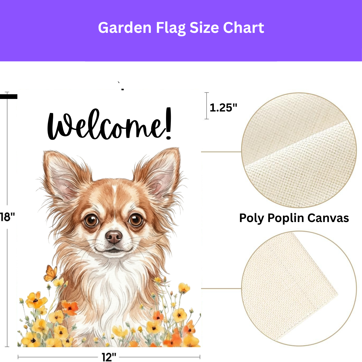 Yellow Poppies Long-Haired Chihuahua Welcome Garden Flag - double-sided design - Dragonfire Gardens