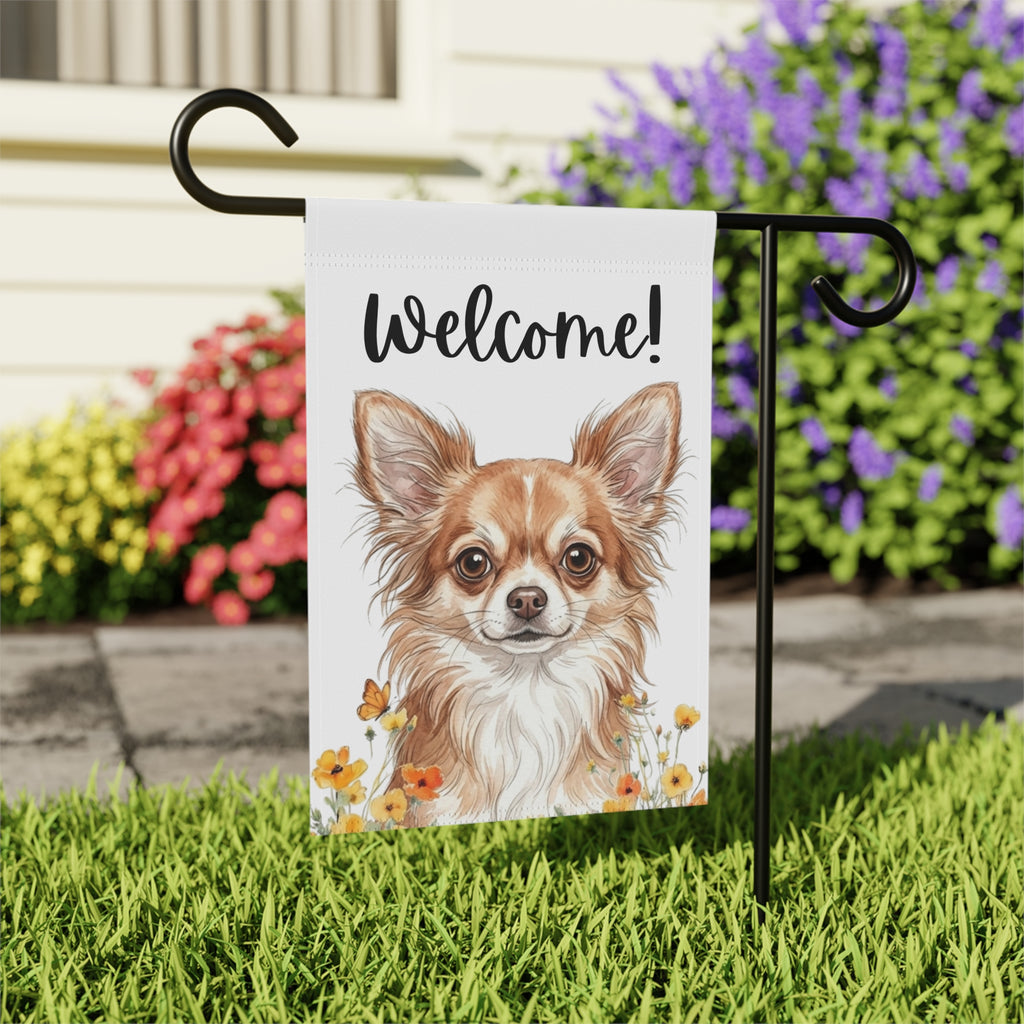 Yellow Poppies Long-Haired Chihuahua Welcome Garden Flag - close-up detail - Dragonfire Gardens