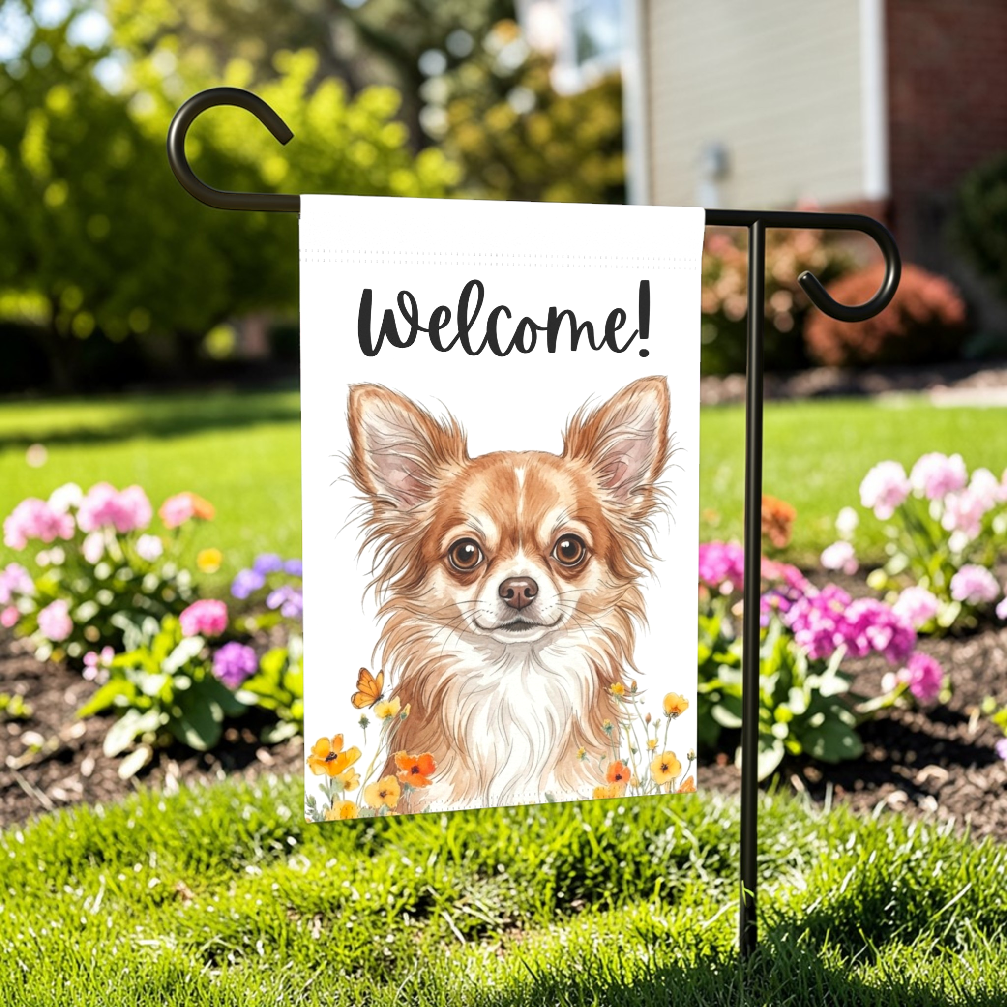 Yellow Poppies Long-Haired Chihuahua Welcome Garden Flag - lifestyle display - Dragonfire Gardens