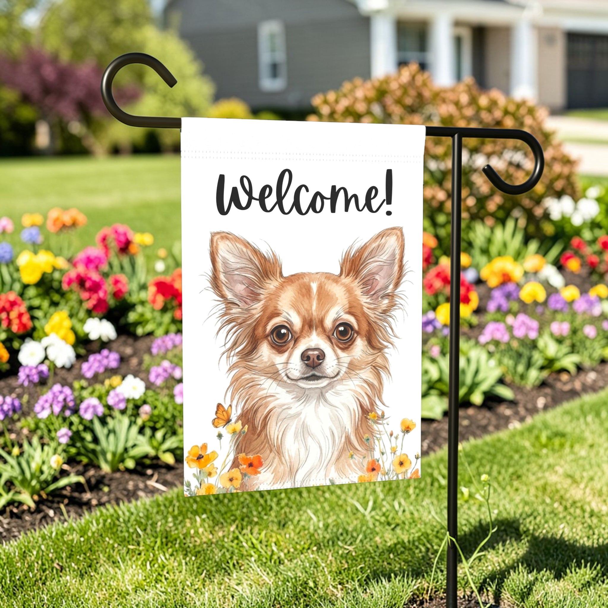 Yellow Poppies Long-Haired Chihuahua Welcome Garden Flag - front view - Dragonfire Gardens