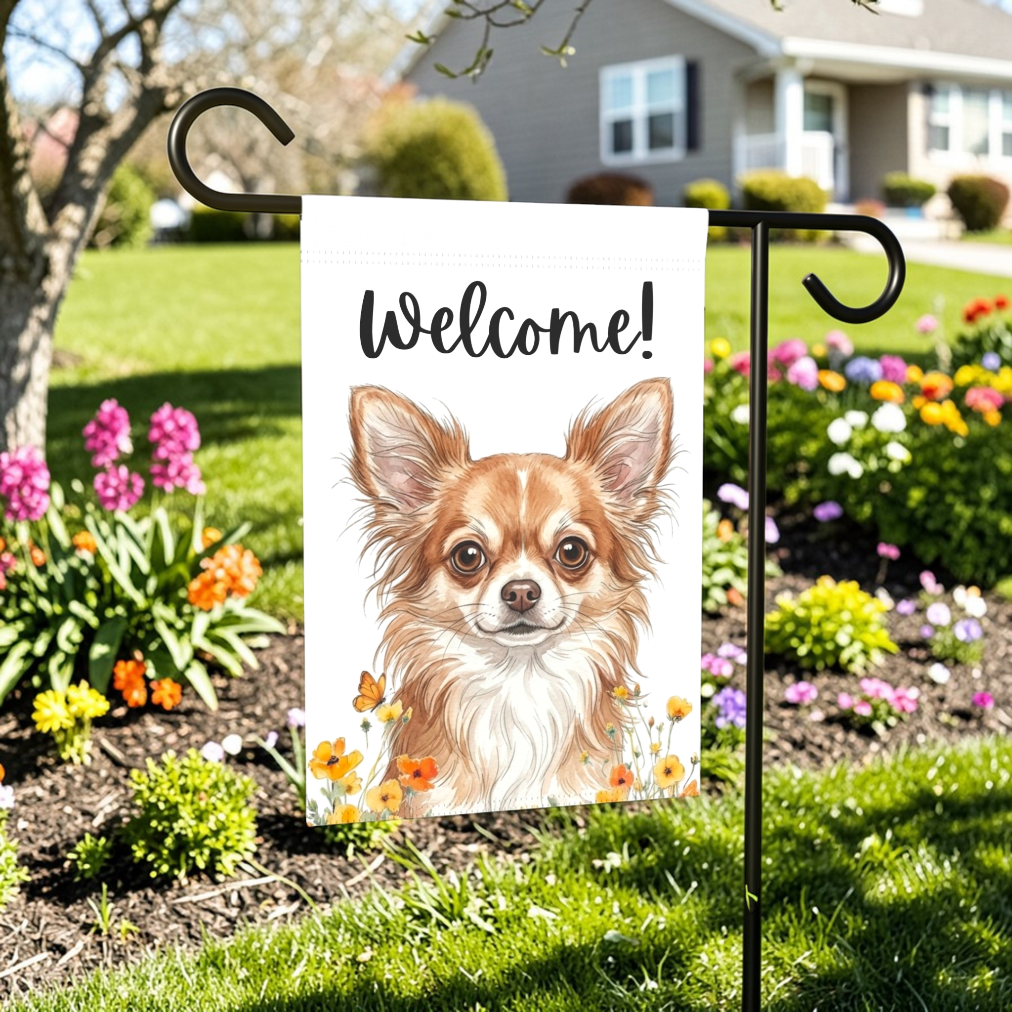 Yellow Poppies Long-Haired Chihuahua Welcome Garden Flag - outdoor display - Dragonfire Gardens
