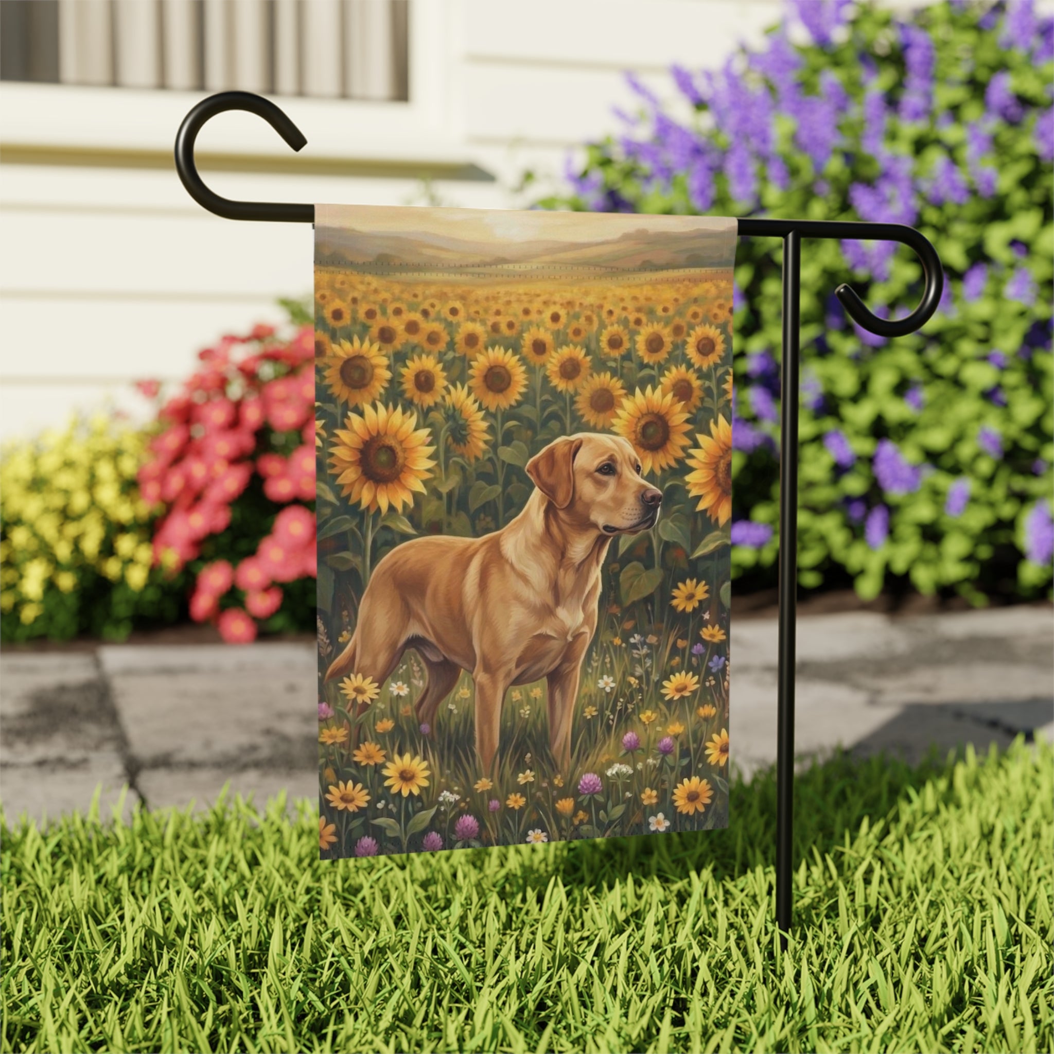 Sunflower Field Yellow Labrador Retriever Garden Flag - close-up detail - Dragonfire Gardens