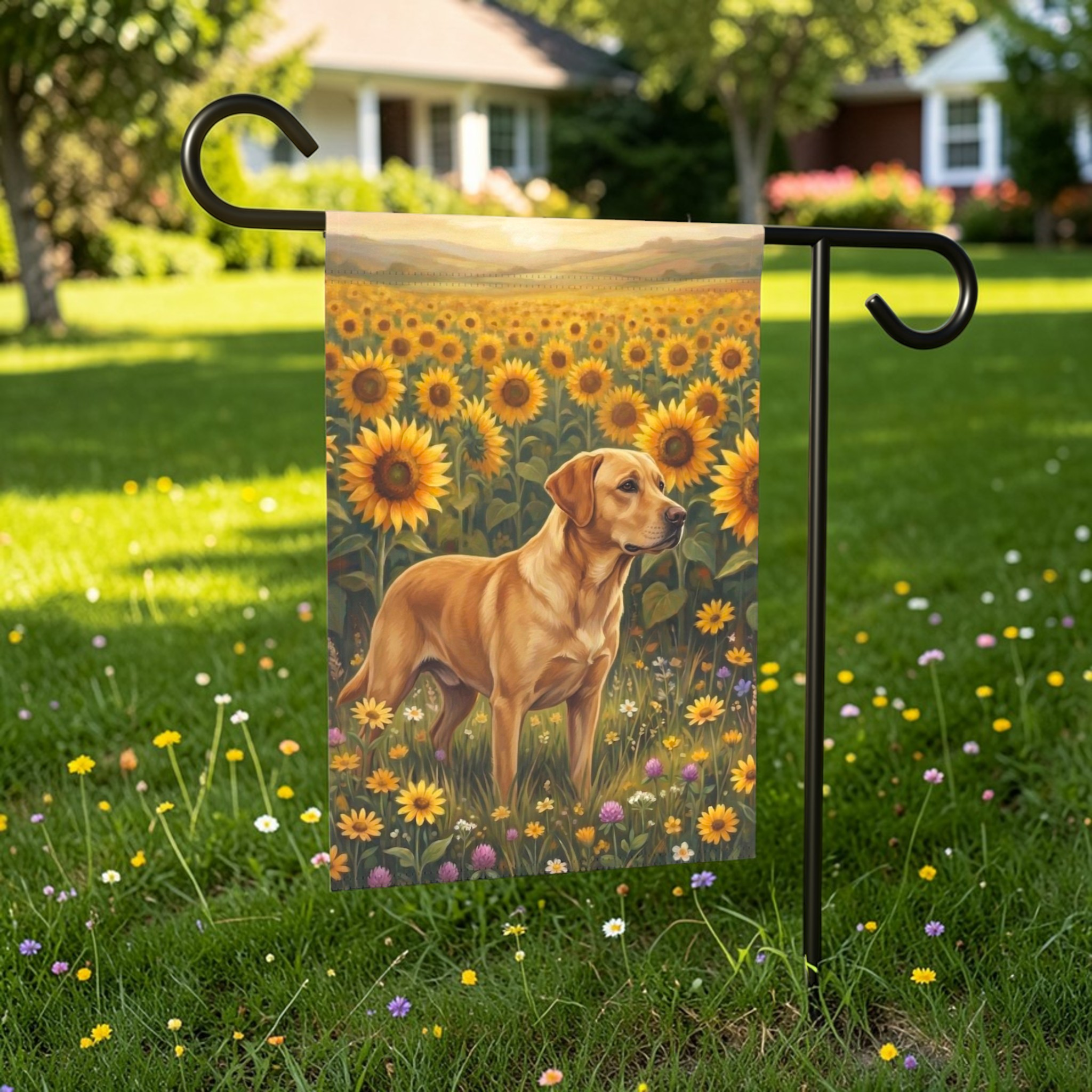 Sunflower Field Yellow Labrador Retriever Garden Flag - front view - Dragonfire Gardens
